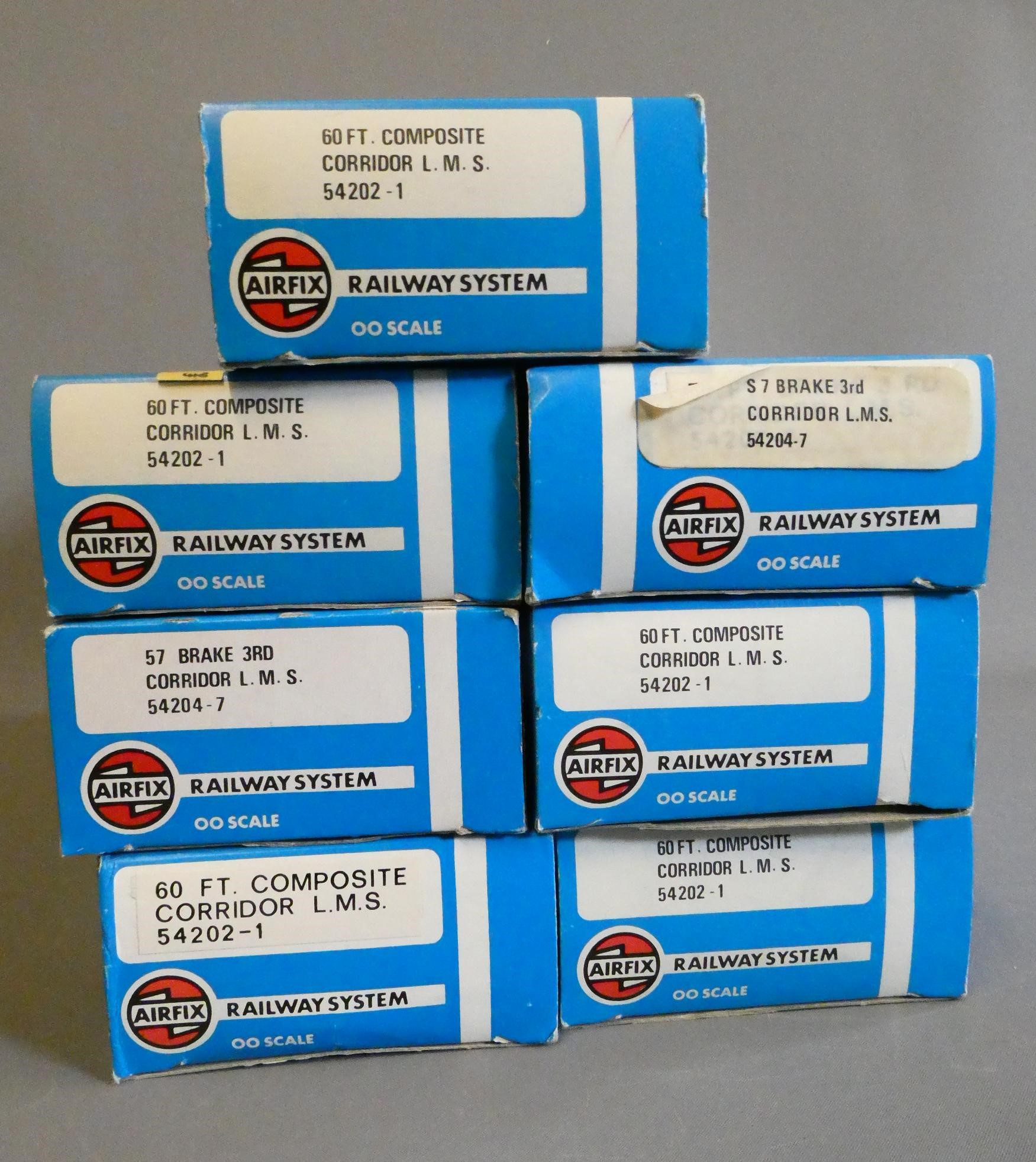 Seven Airfix Railways LMS crimson corridor coaches, all items boxed, good to excellent (Est. plus Image