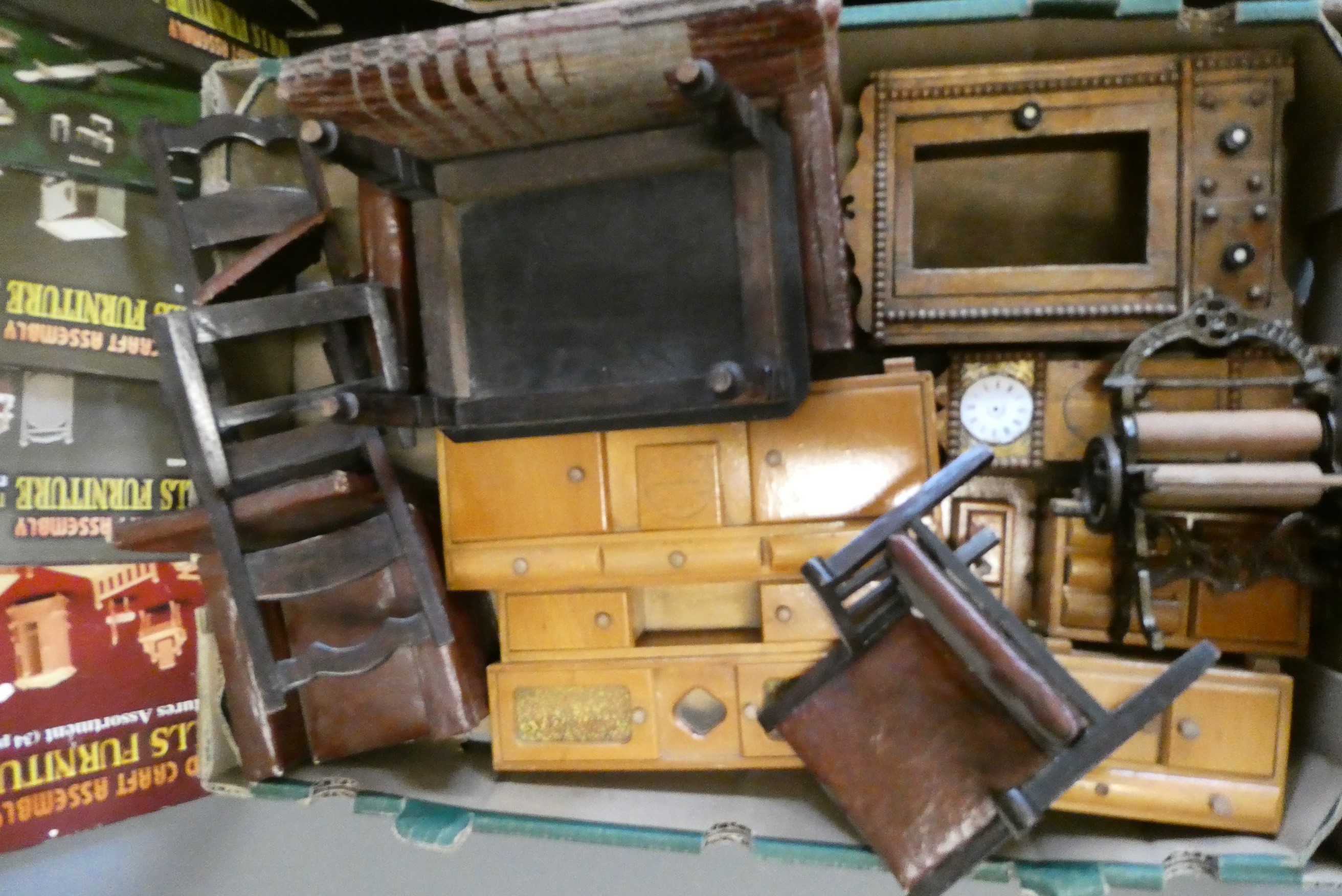 Three boxes of doll's house furniture and accessories, including wood, metal and composition items, Image