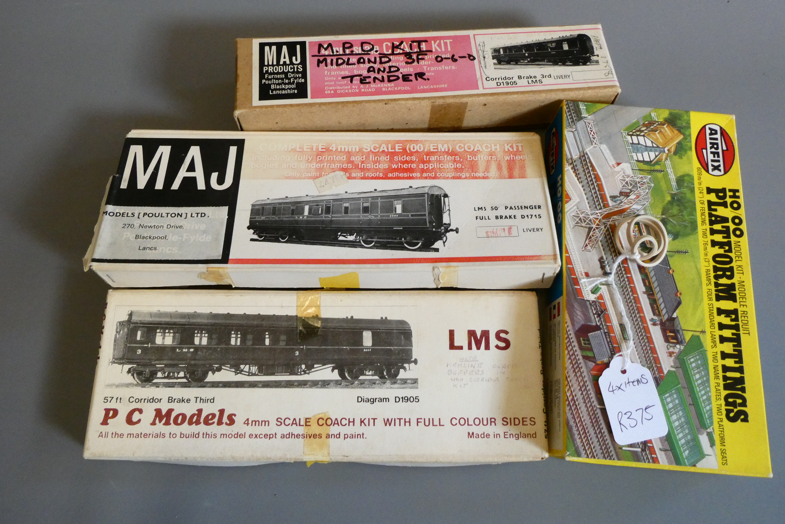 Four railway kits comprising MPD Midland 3F, PC LMS brake 3rd, MJA LMS full brake and Airfix Image