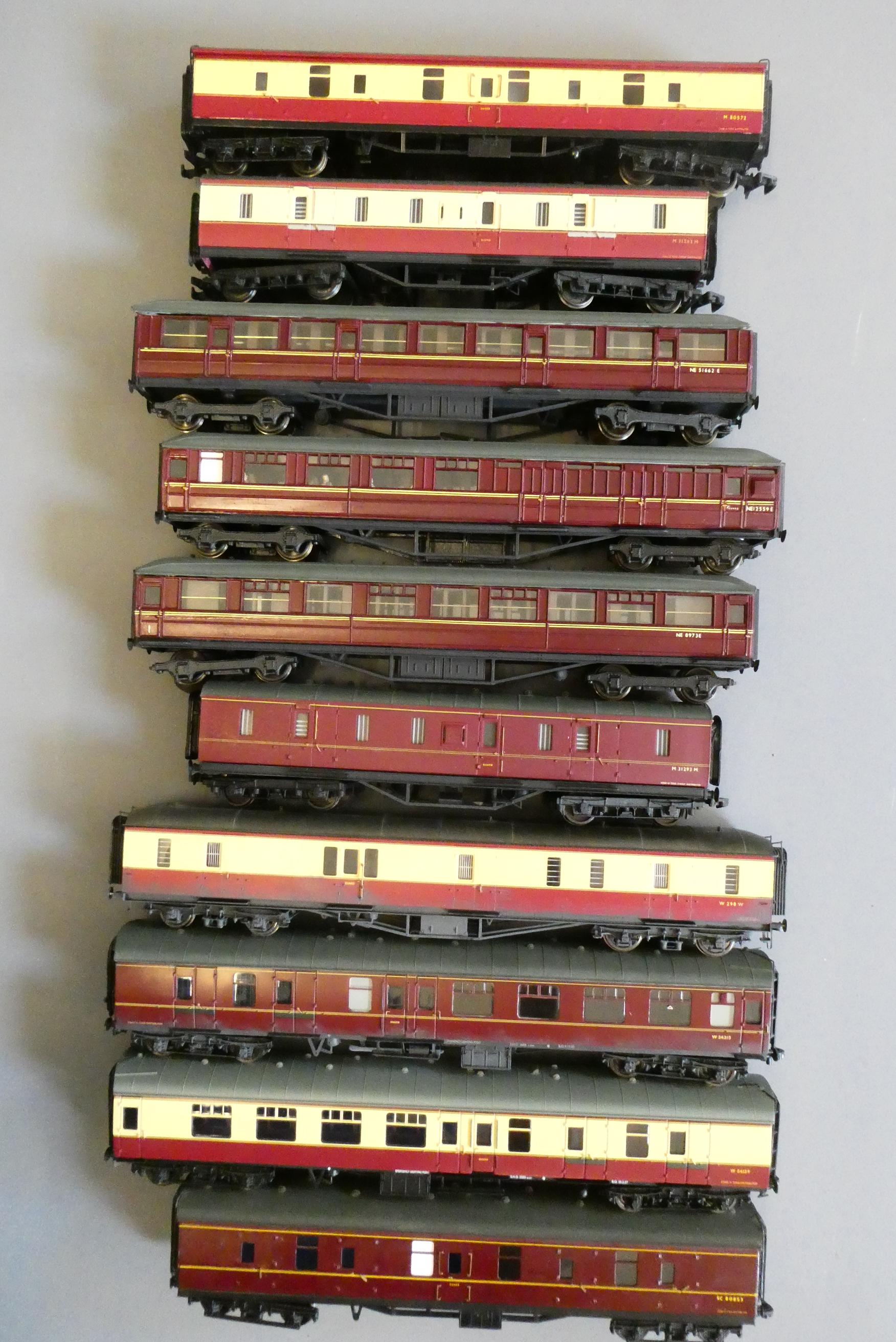 BR red/cream and maroon coaches comprising Hornby Dublo full brake repainted Image