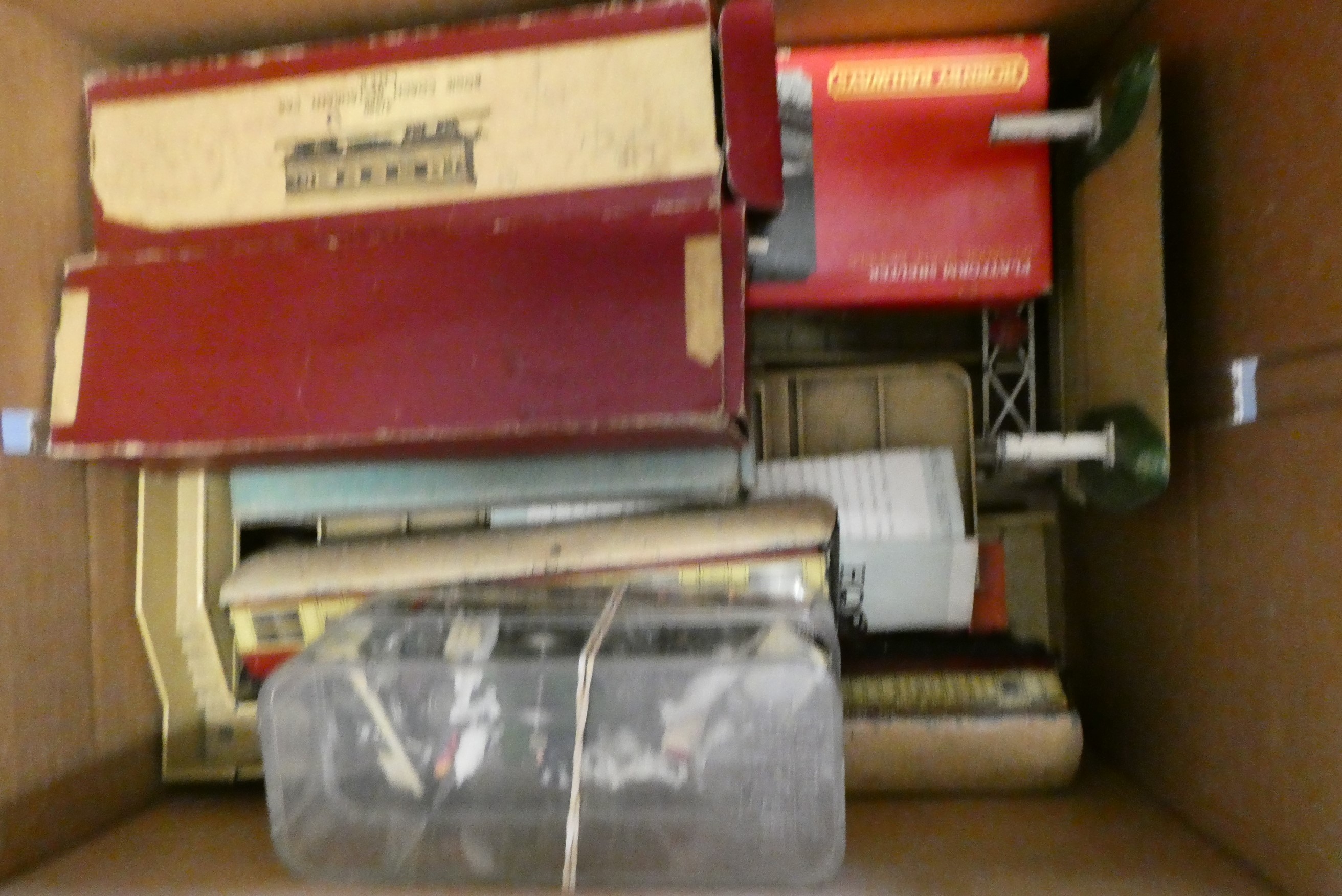 Playworn Hornby Dublo three rail trains including two tank locomotives, goods trucks and trackside Image