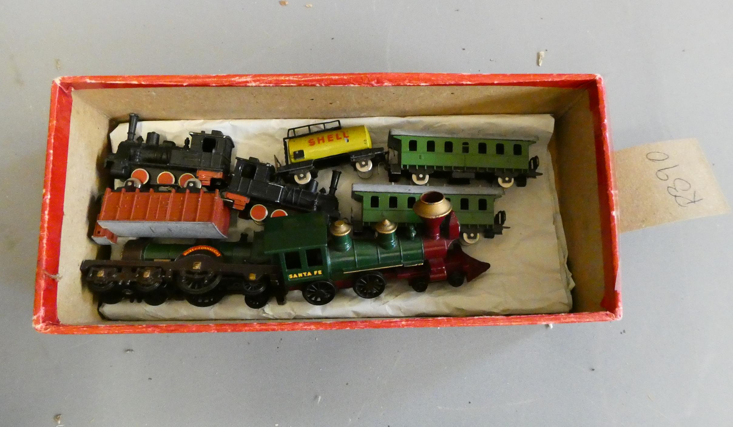 Trix unpowered N scale metal push-a-long trains with two 0-6-0 German tank locomotives Image