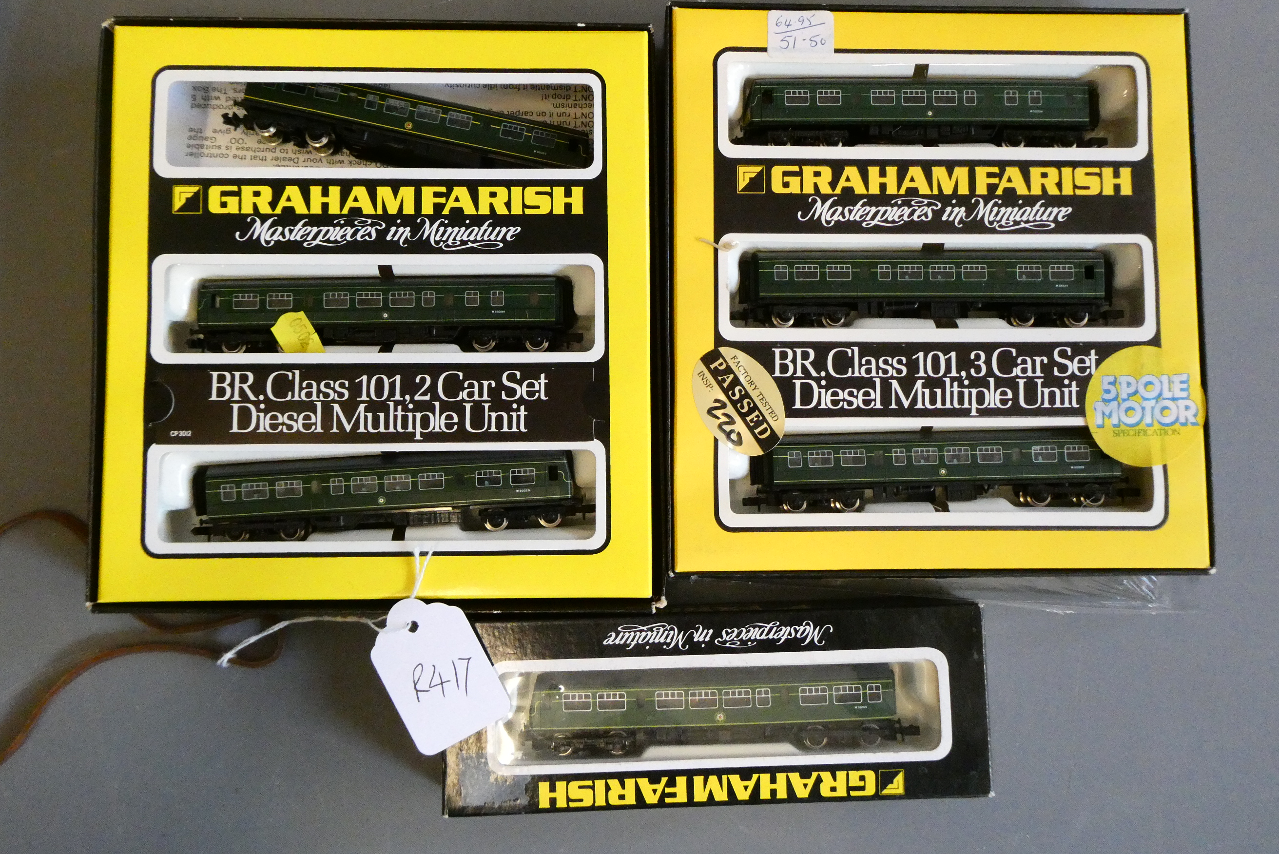 Seven Graham Farish N Gauge B.R 101 DMU's, 4 coaches, 3 power cars, boxes poor, models good (Est. Image