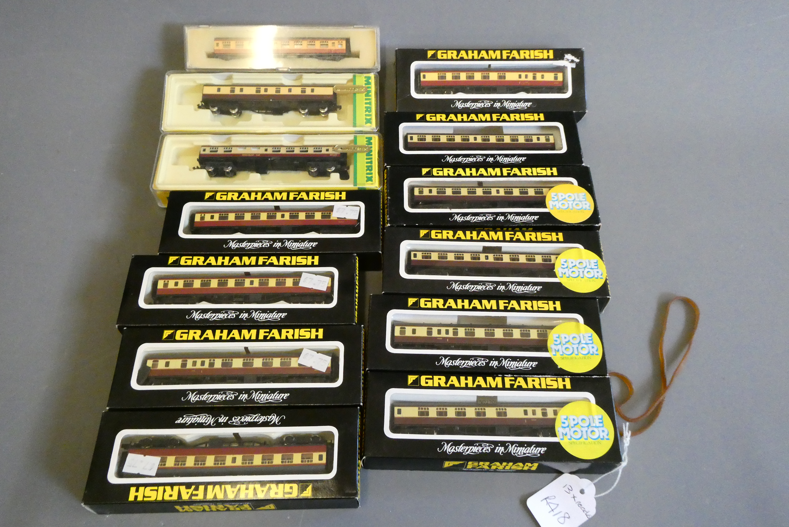 Thirteen N gauge B.R red/cream passenger coaches by Graham Farish and others, all items boxed, good Image