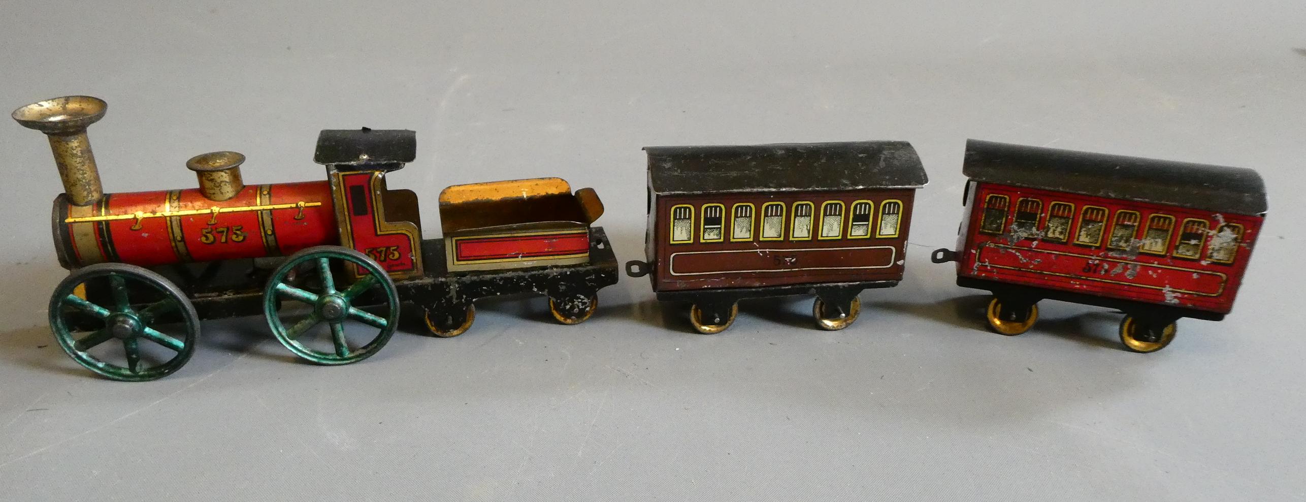 Hess Clockwork floor train comprising locomotive and two coaches, some paint loss and rubbing to Image