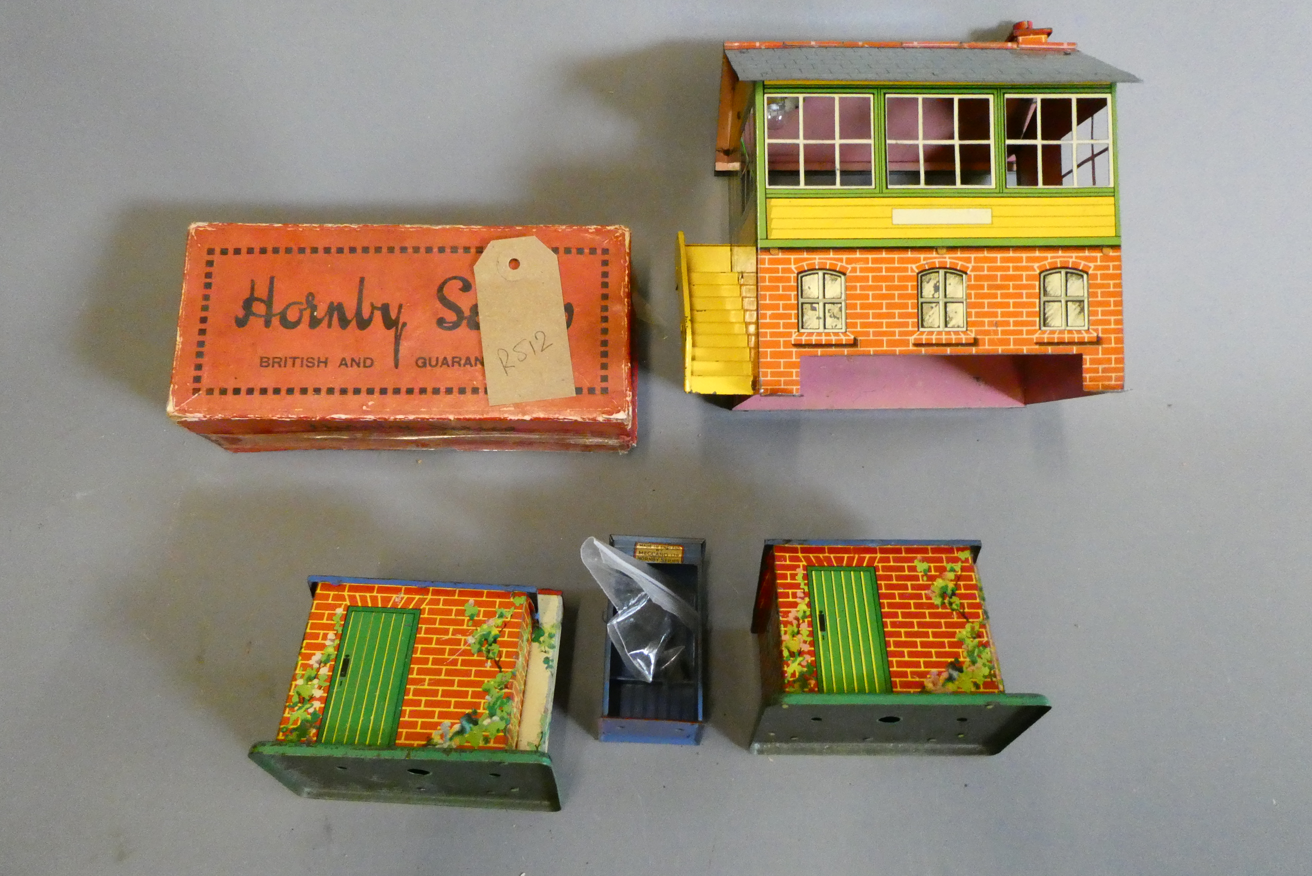 Hornby 2E signal box, two plate layers lineside huts, Watchmans hut with brazier and tools and a Image