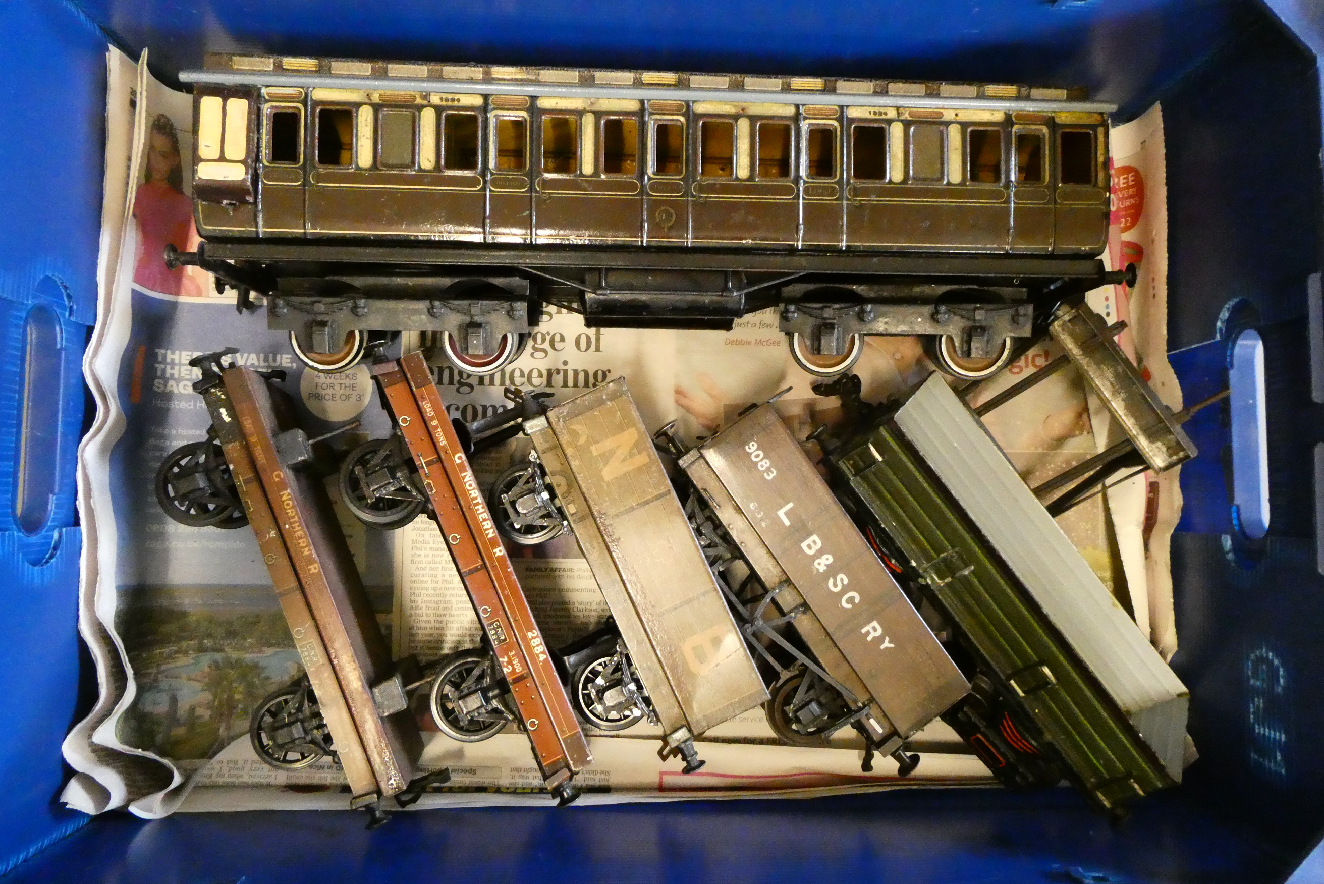 Marklin and Carette Gauge One rolling stock comprising five goods wagons and a GWR bogie Clearstory Image