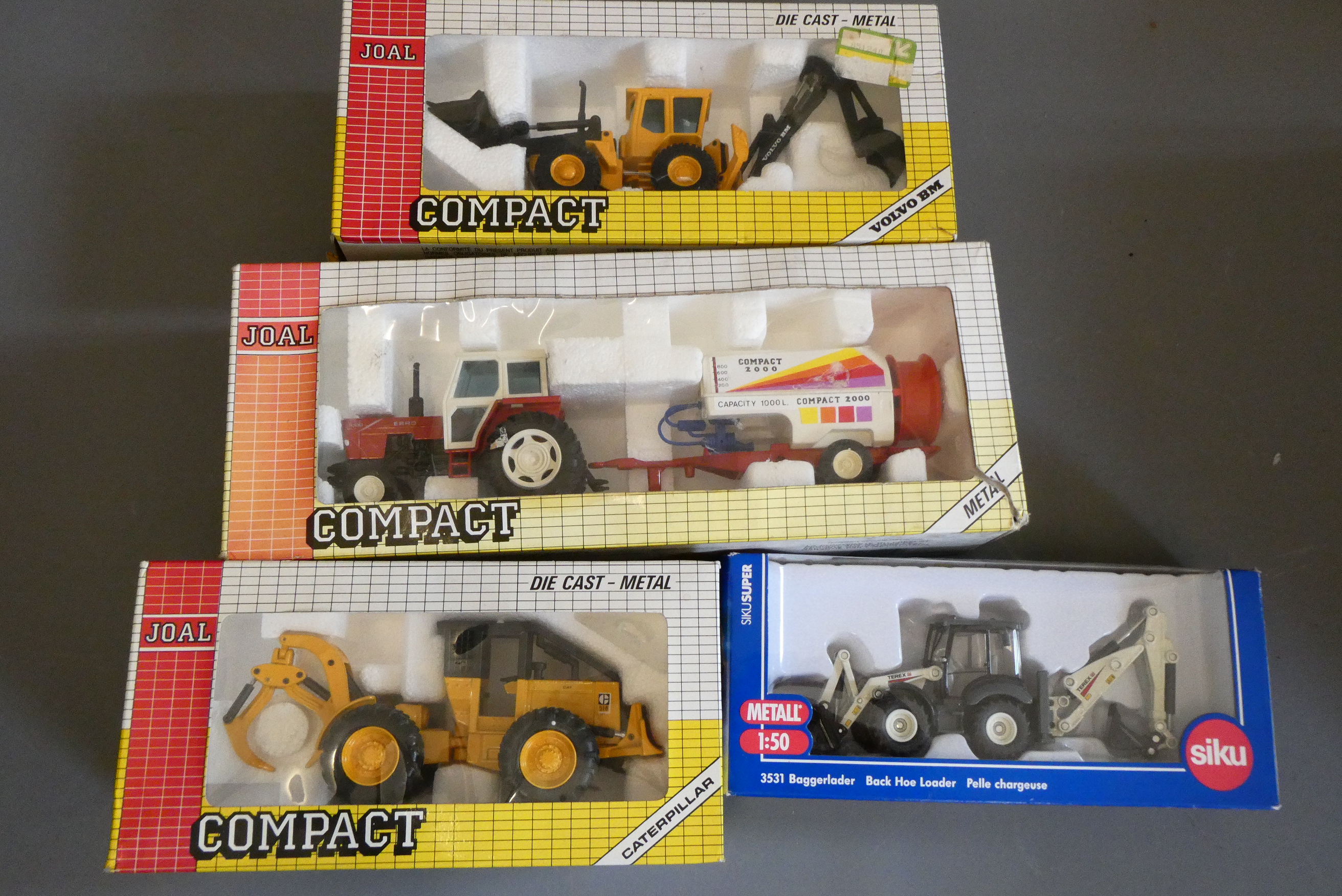 Four Tractor models by JOAL and Siku comprising excavators, forester tractor, pulveriser tractor. Image