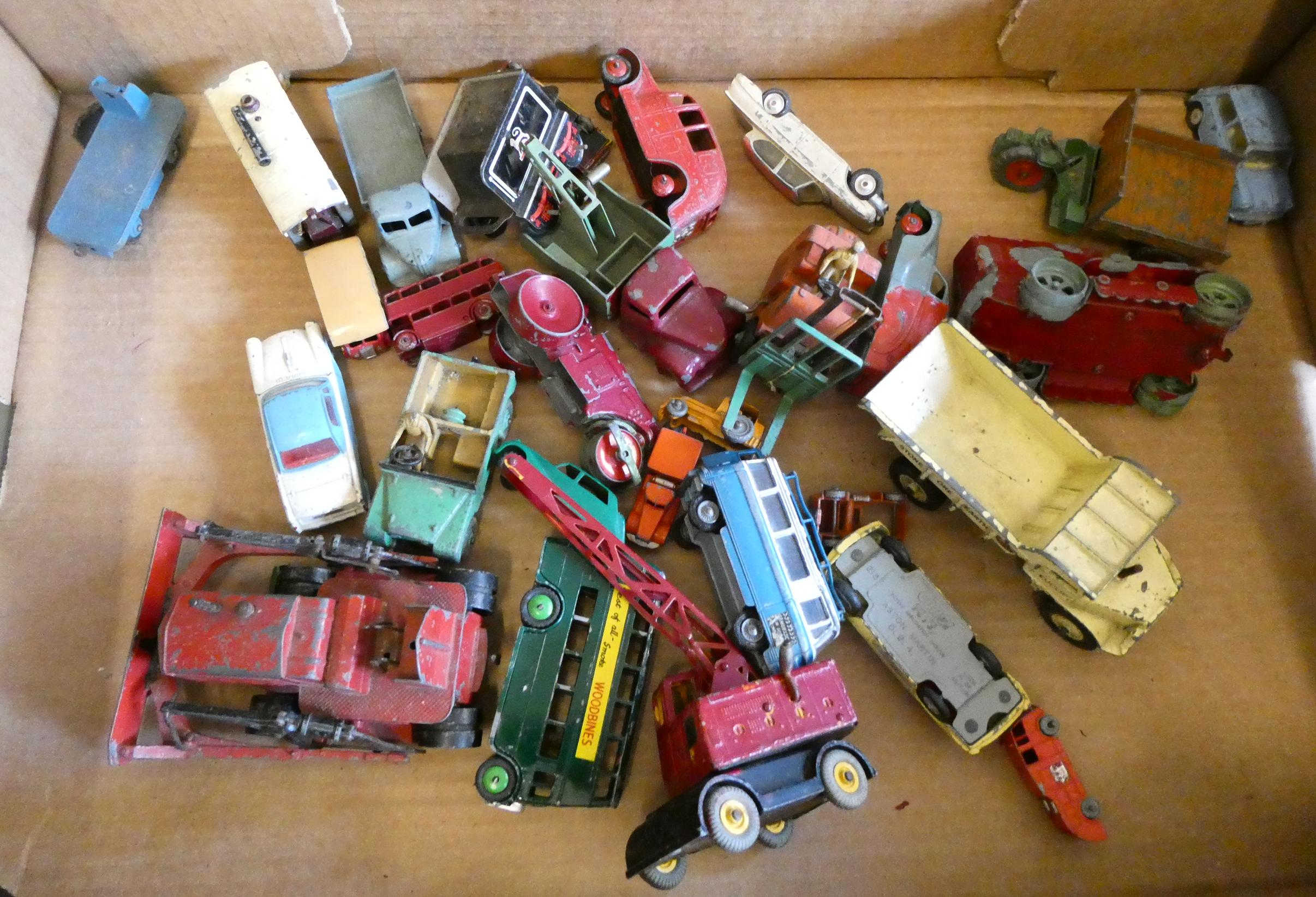 Playworn vehicles by Dinky, Matchbox and others including construction vehicles, cars and vans, most Image
