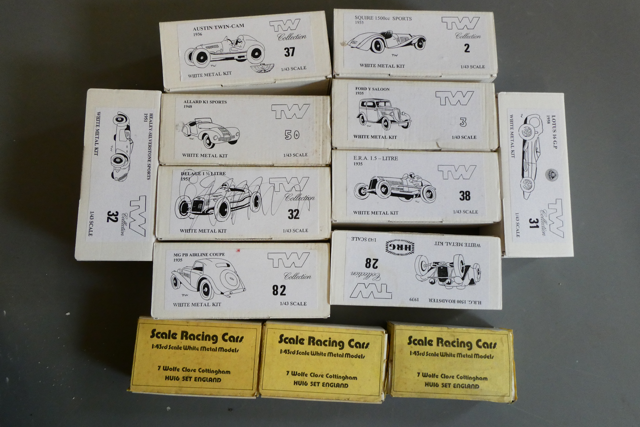 Thirteen white-metal cars kits. All items have been assembled and painted, fair to poor (Est. plus Image