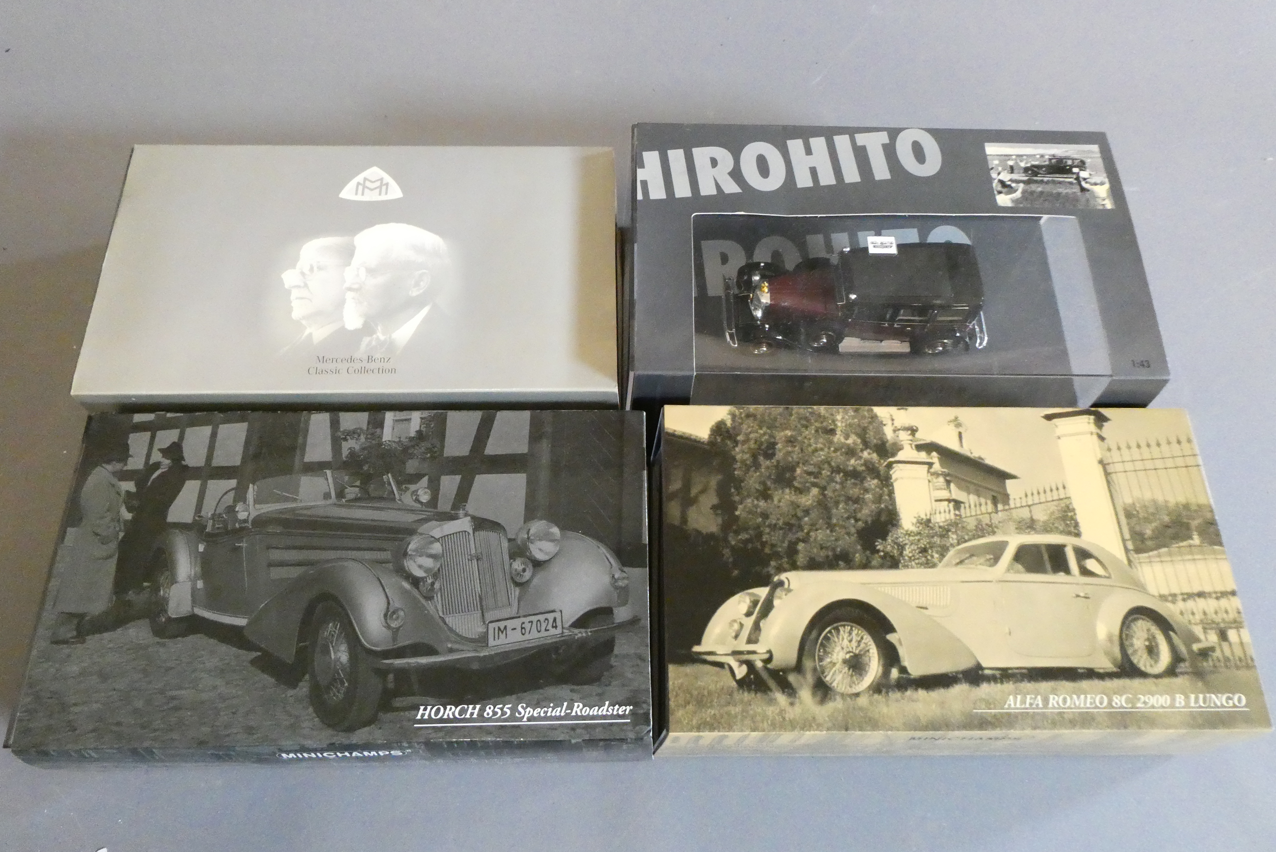 Four Mini Champs classic cars comprising Maybach Zeppelin, Mercedes 770K, Alfa Romeo 8C and Horch Image