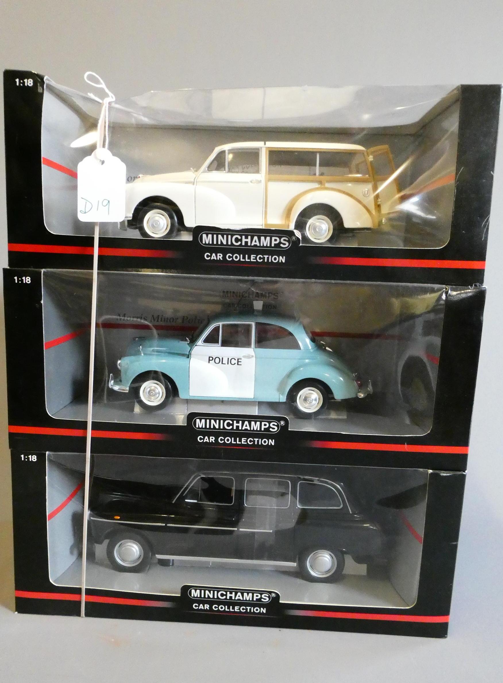 Minichamps 1:18 scale Morris Minor Traveller, Morris Minor Police car and London taxi, all items Image