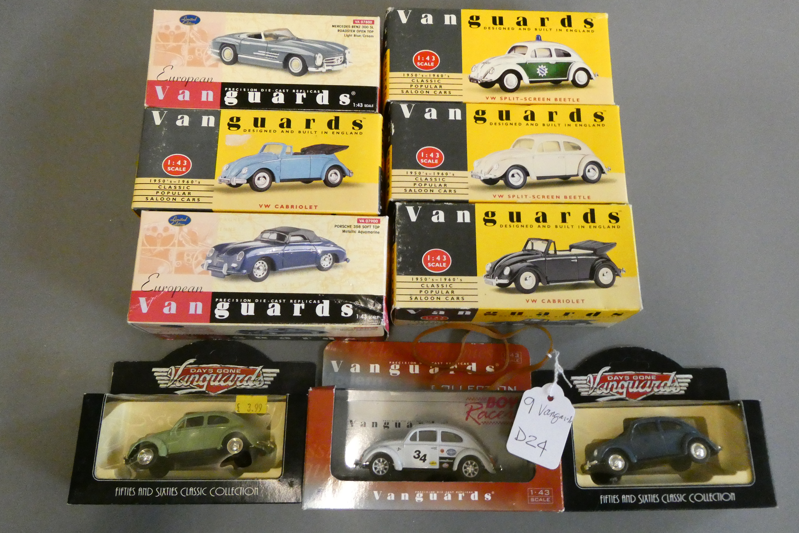 Nine Vanguard Classic cars including three VW Beetles in display boxes, all items boxed, excellent Image