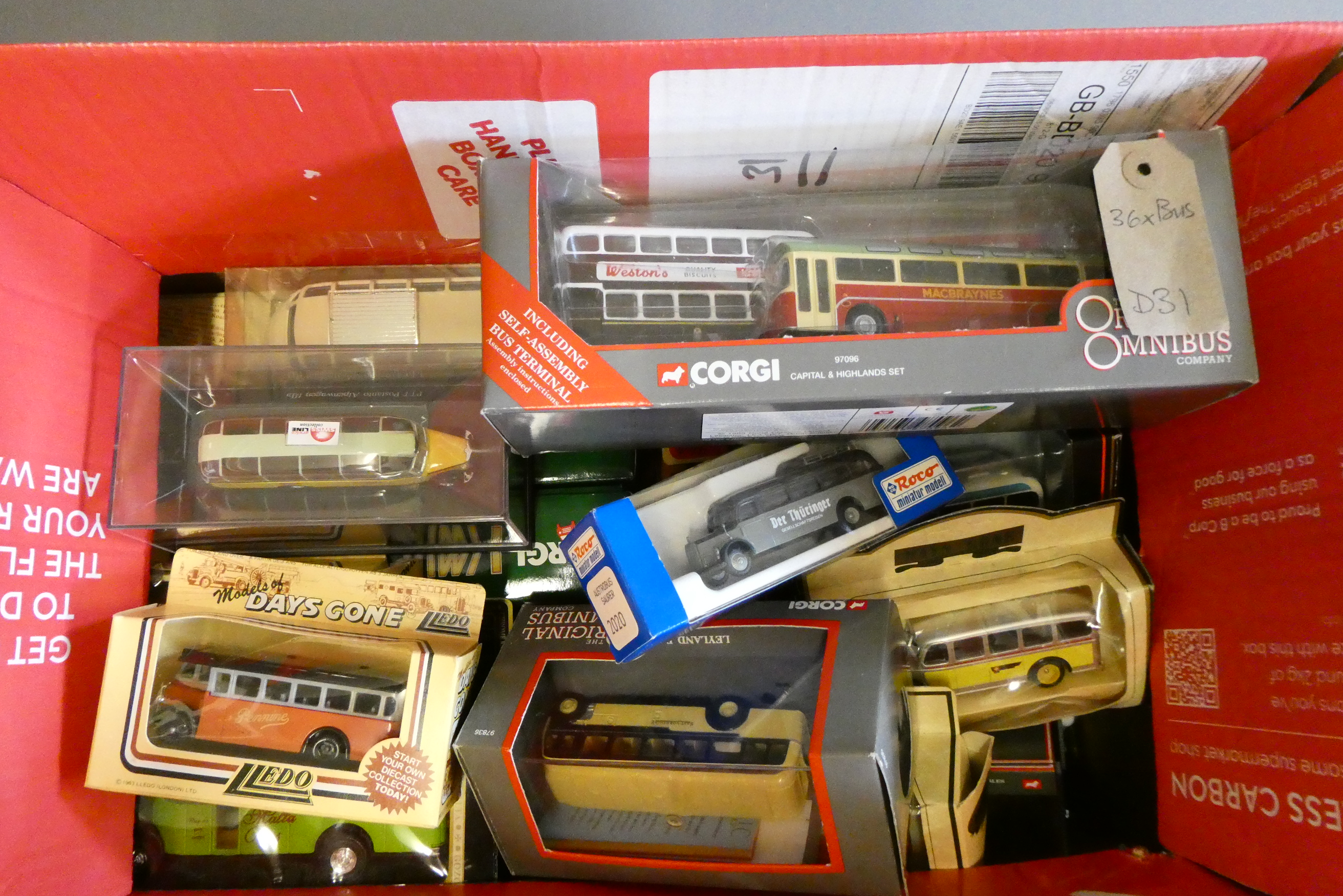 Thirty six diecast and plastic models of single decker bus and coach types, all items boxed, good to Image