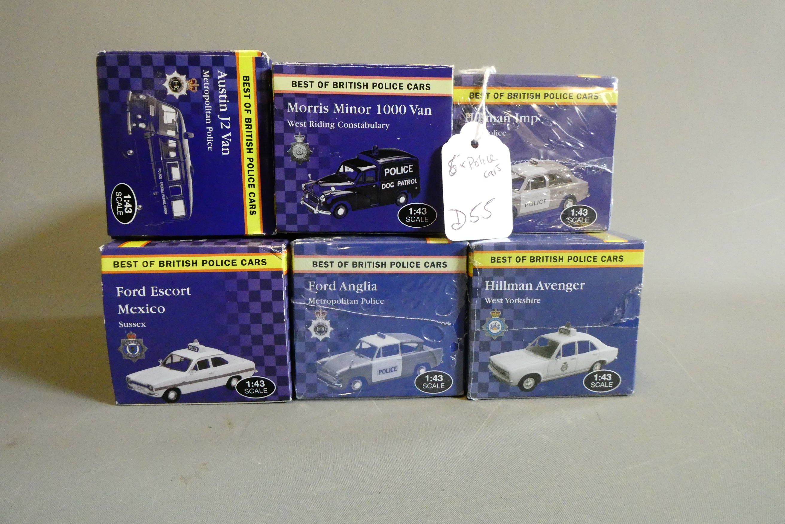 Six Atlas Editions Police vehicles comprising Ford Escort Mexico, Austin J van, Morris Minor van, Image