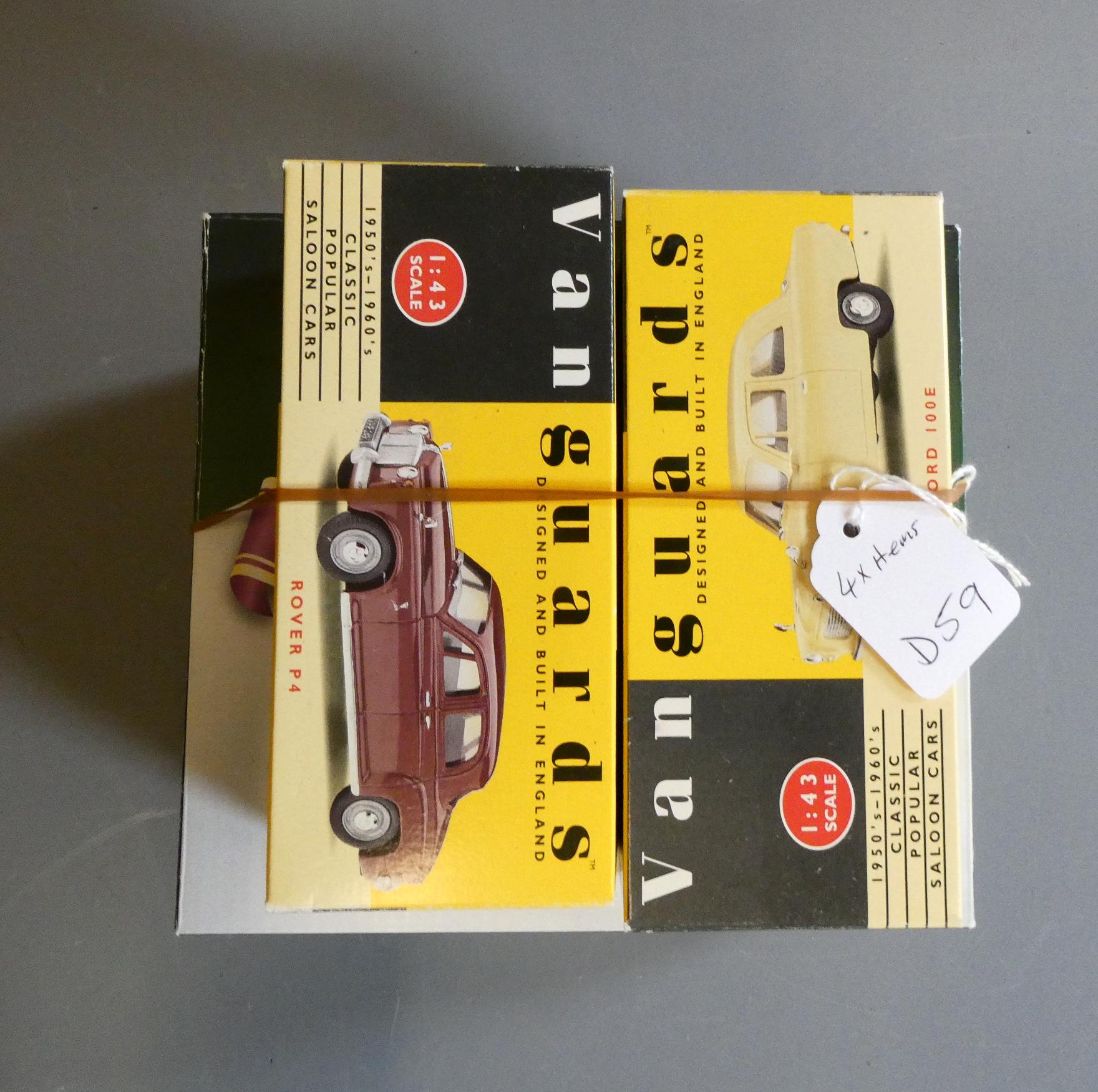 Vanguards 1:43 scale cars Rover P4 and Ford 100E together with two Atlas Editions Grand National Image