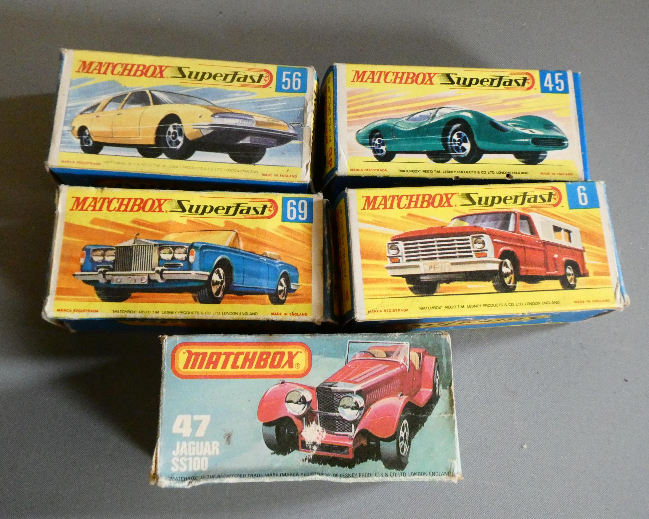 Five Matchbox Superfast cars comprising No6 Ford pickup, No45 Ford Group 6, No47 Jaguar SS100, No56 Image