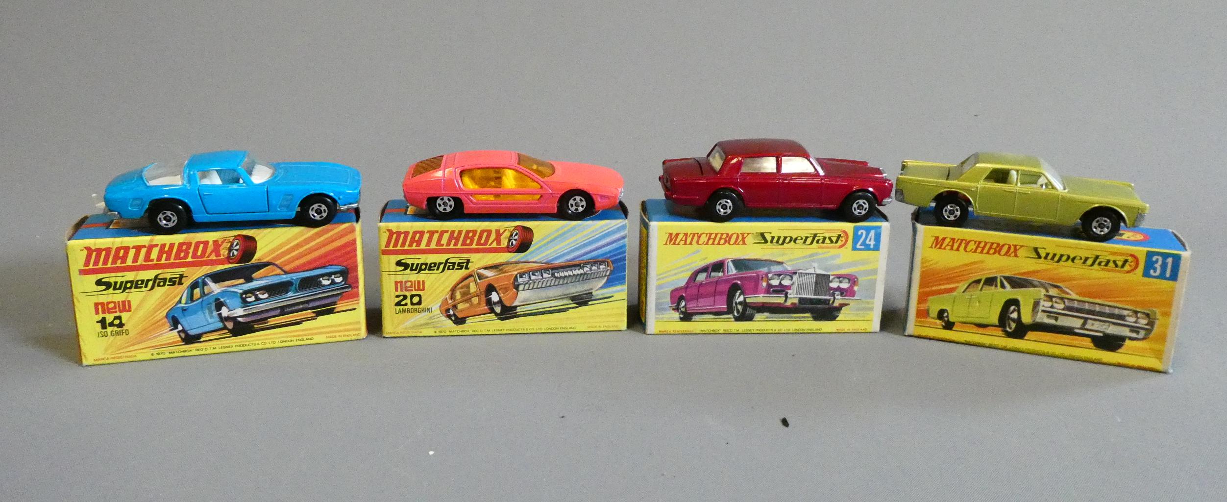 Four Matchbox Superfast cars comprising No 14 ISO Grifo, No 20 Lamborghini Marzel, No 24 Roll Royce Image