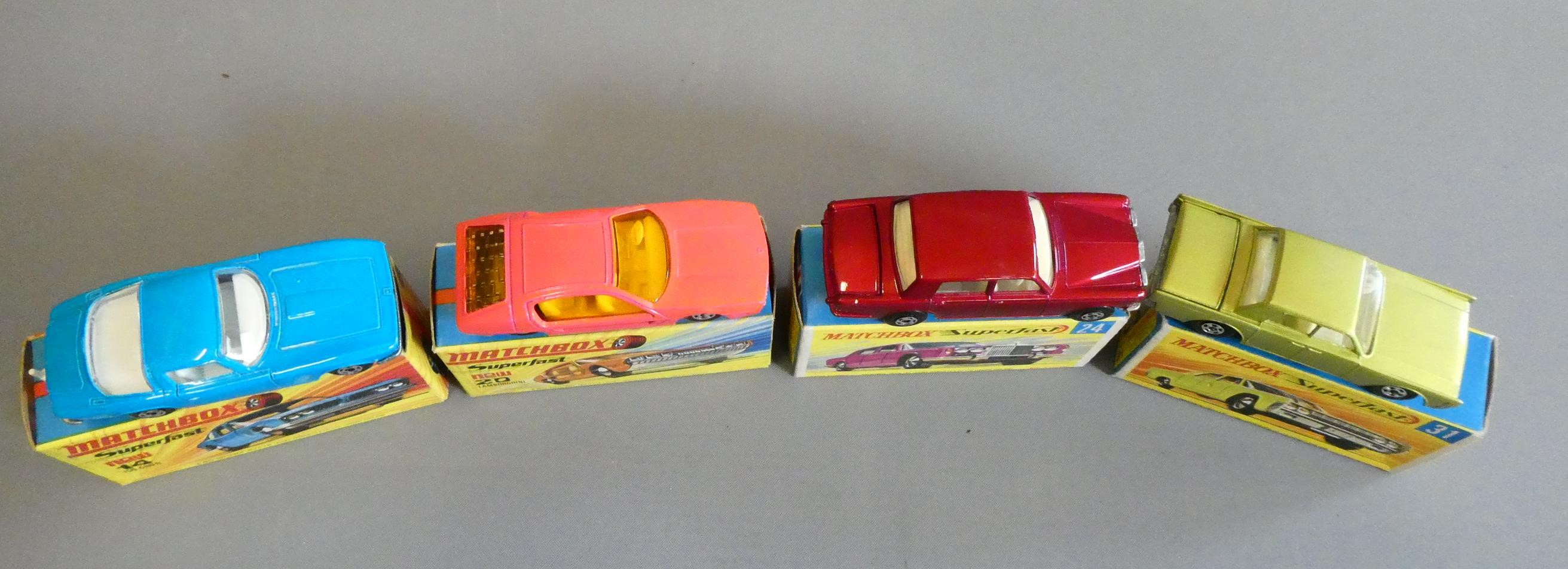 Four Matchbox Superfast cars comprising No 14 ISO Grifo, No 20 Lamborghini Marzel, No 24 Roll Royce Image