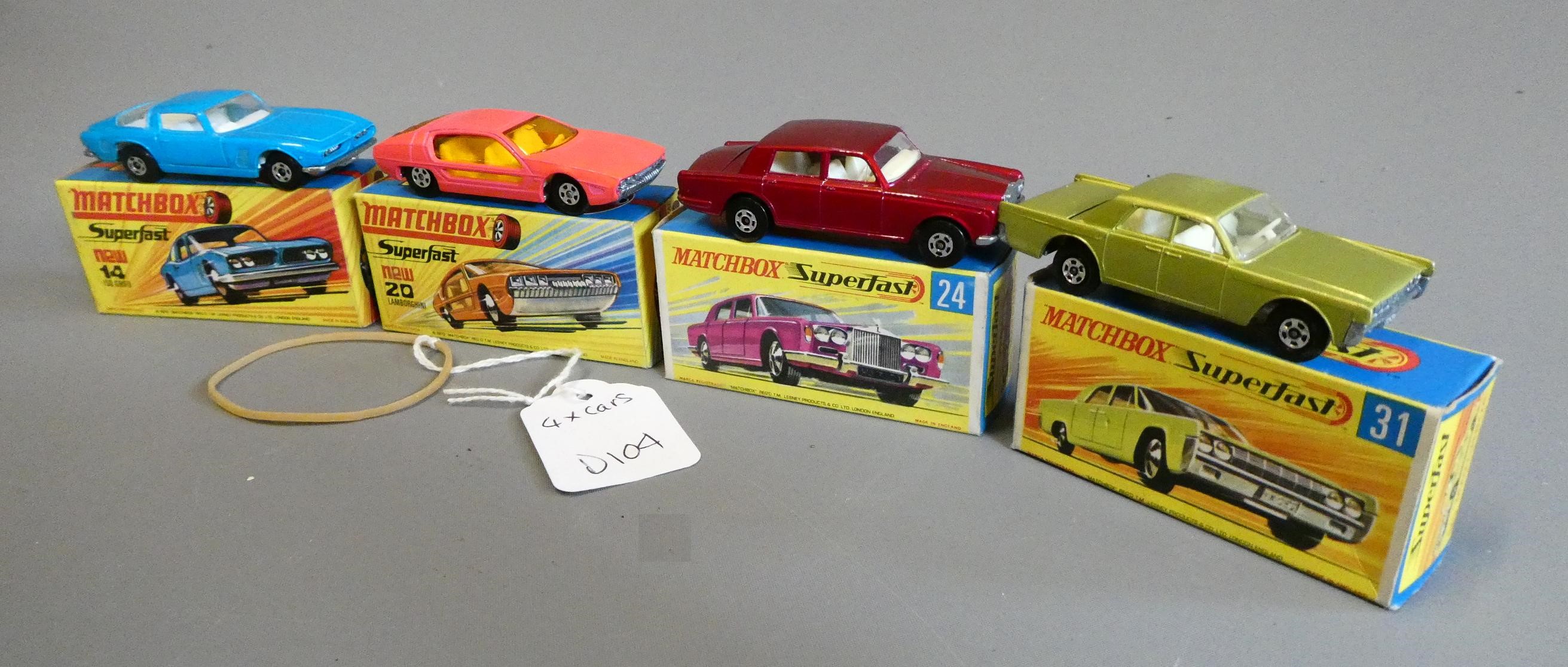 Four Matchbox Superfast cars comprising No 14 ISO Grifo, No 20 Lamborghini Marzel, No 24 Roll Royce Image