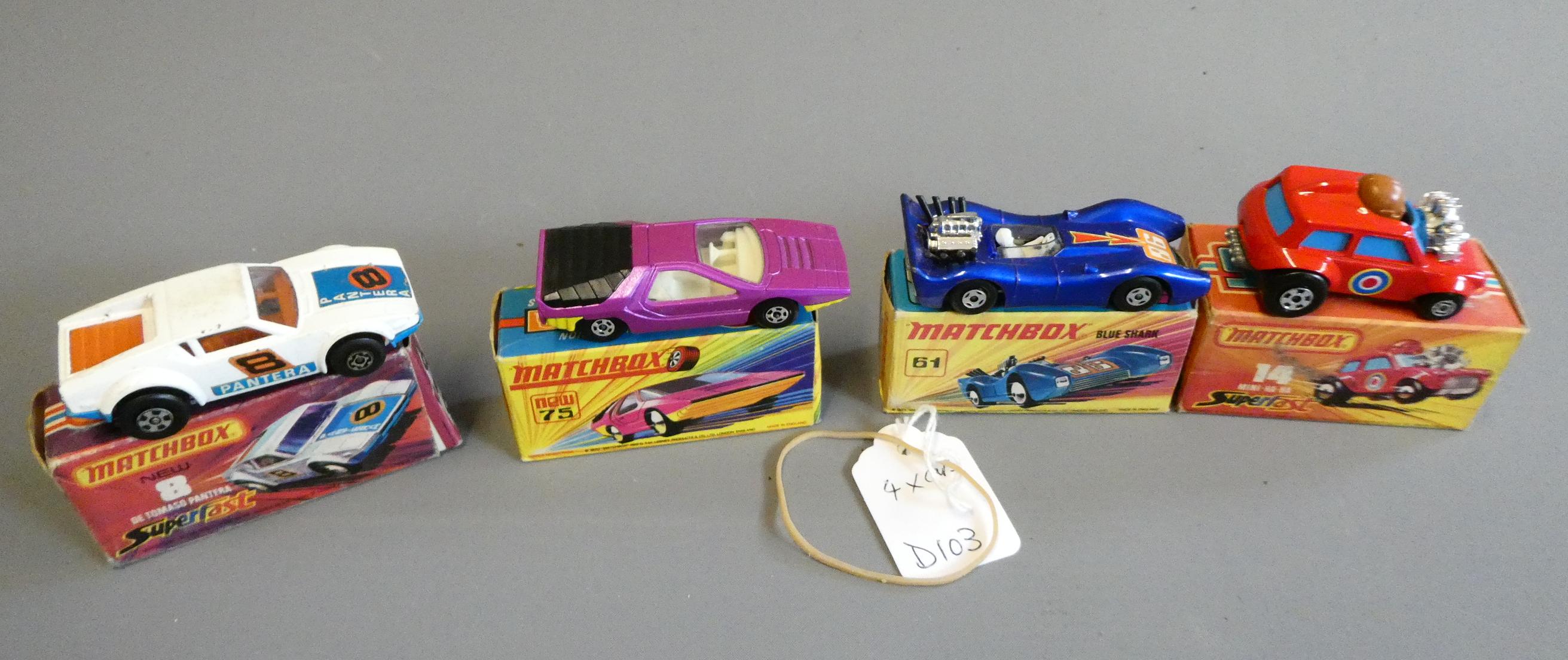 Four Matchbox Superfast cars comprising No14 Mini Ha Ha, No8 De Tomaso Pantera, No 61 Blue Shark and Image