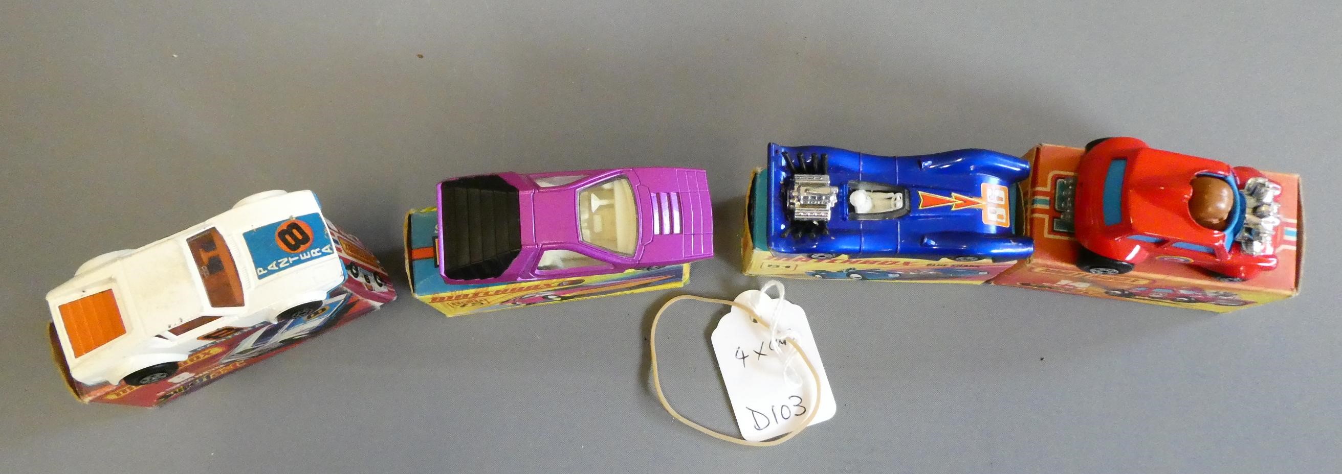 Four Matchbox Superfast cars comprising No14 Mini Ha Ha, No8 De Tomaso Pantera, No 61 Blue Shark and Image