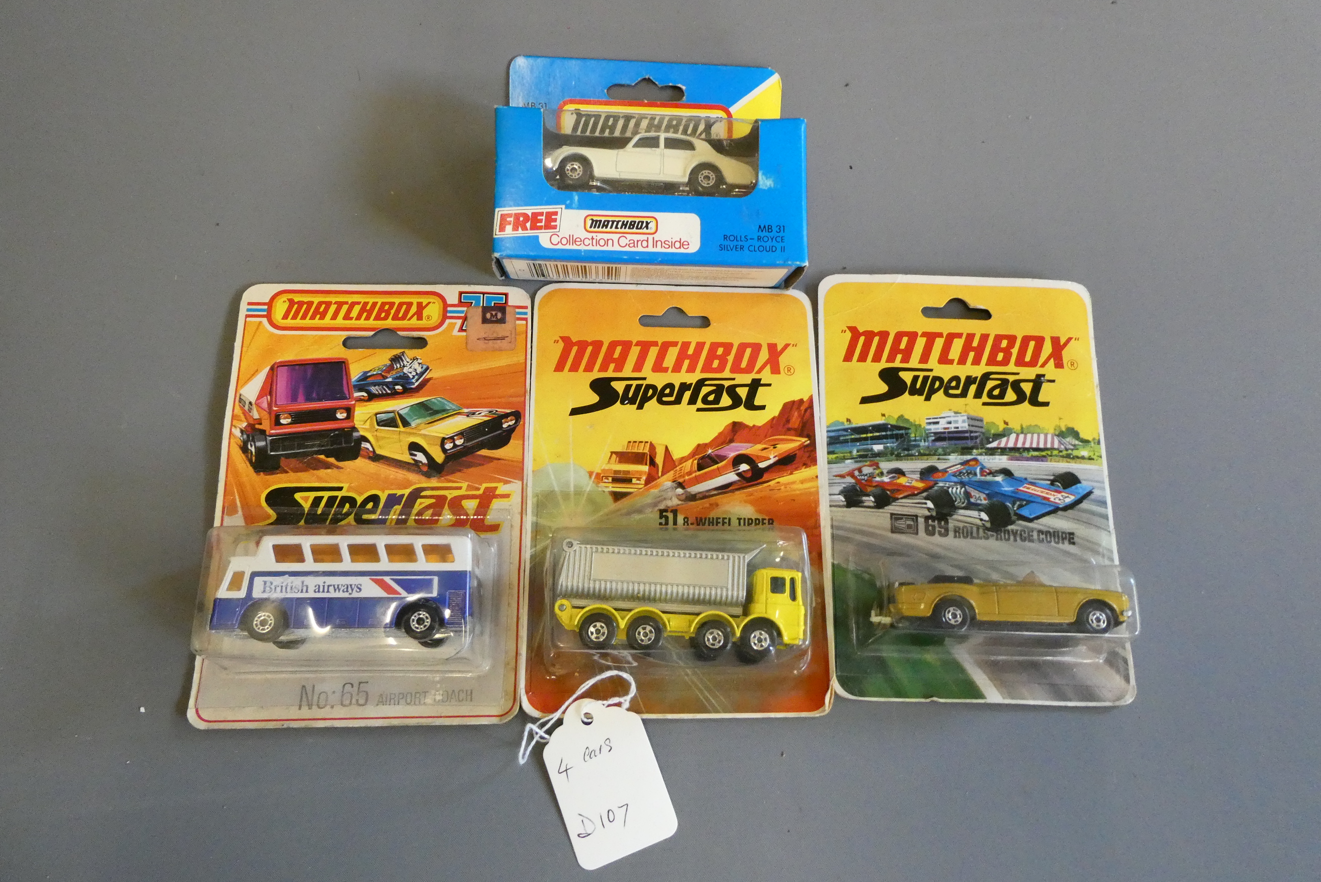 Matchbox Superfast cars comprising No31 Rolls Royce Silver Cloud, No51 Tipper, No65 Airport bus and Image