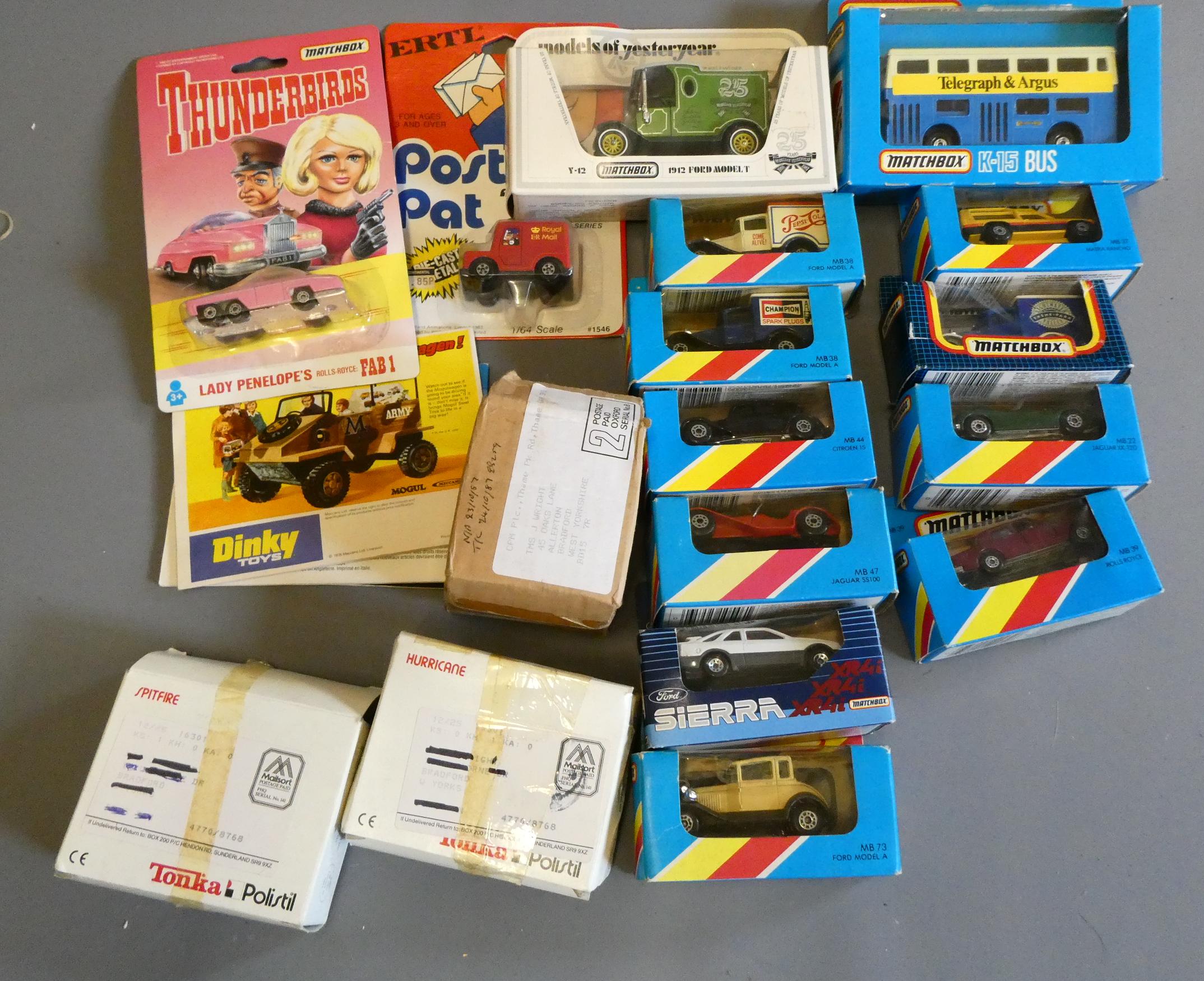 Ten Matchbox late issue vehicles and vintage Yesteryear vehicles and two Tonka small aircraft Image