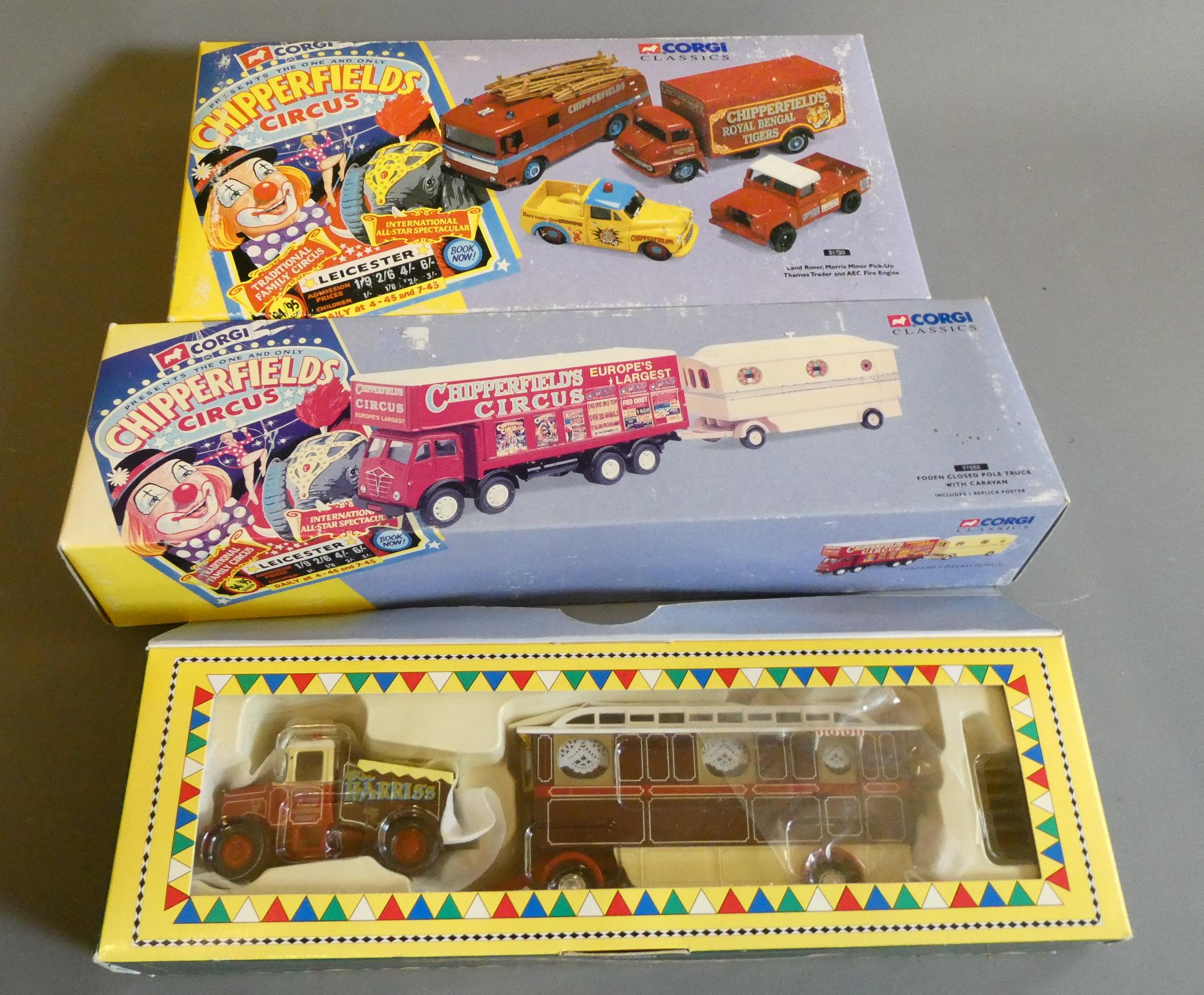 Three Corgi Circus vehicles comprising two Chipperfield sets and Harris tractor with fairground Image