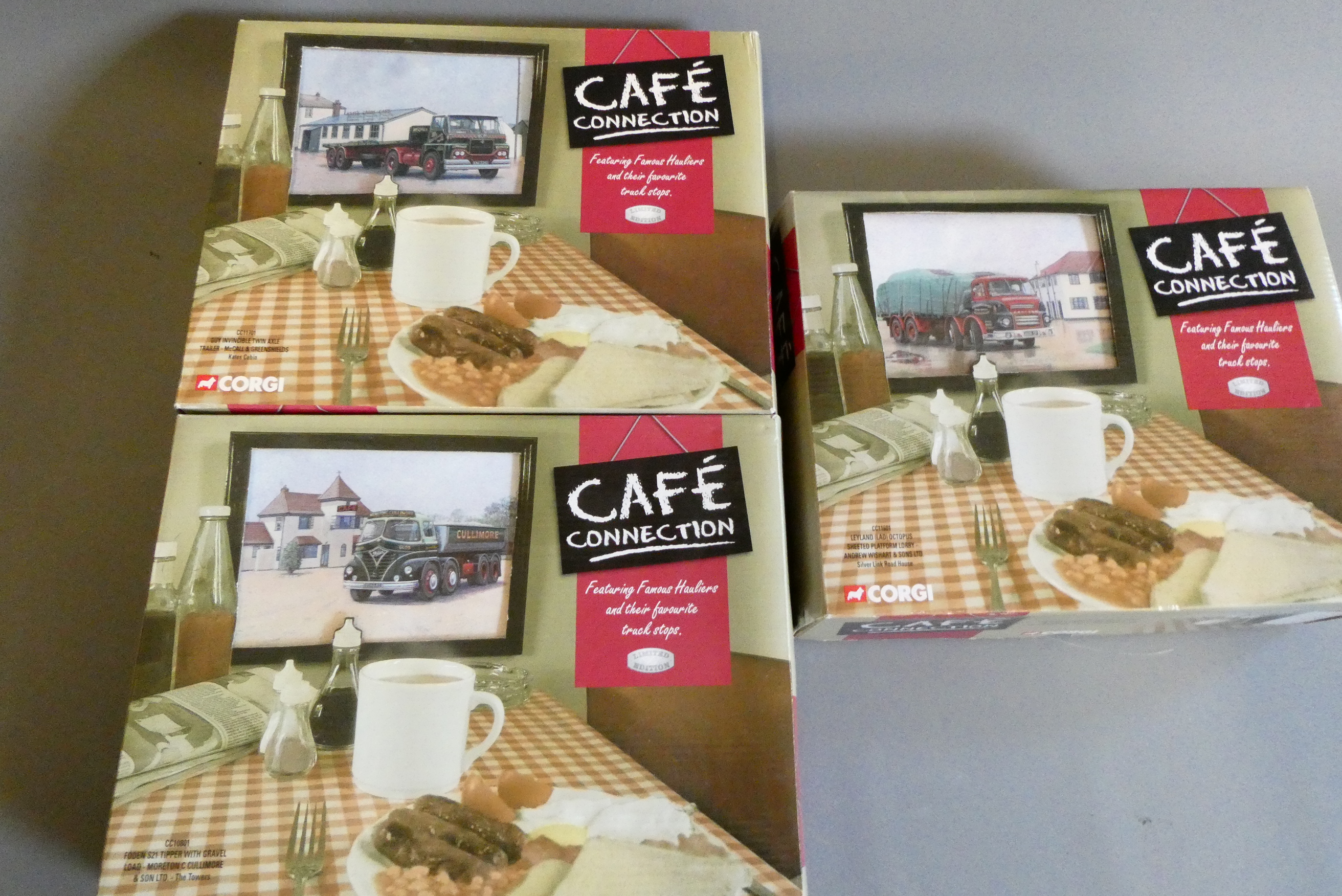 Three Corgi Cafe collection sets comprising three commercial vehicles with cafe diorama. All items Image