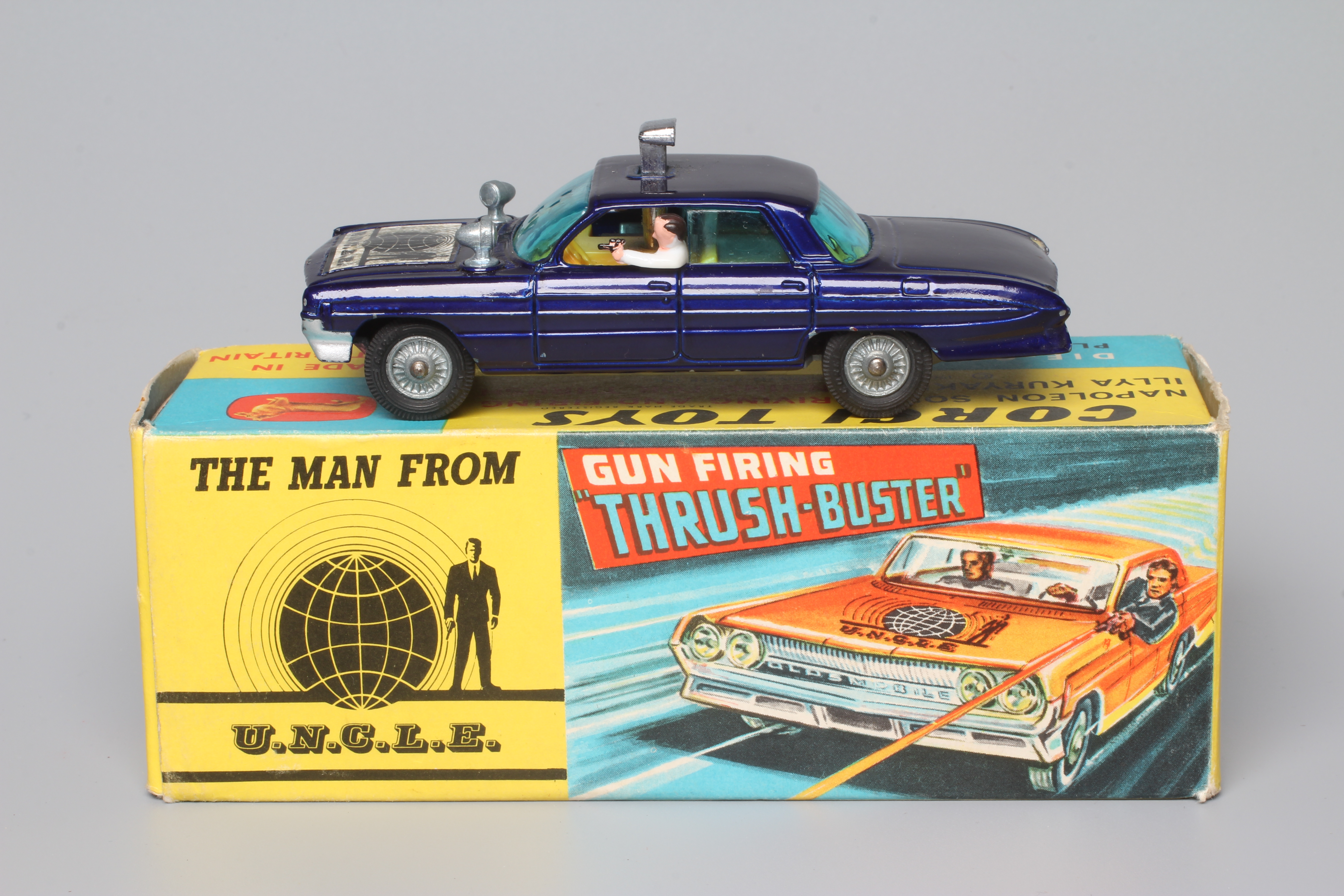Corgi 497 Man from UNCLE car, box good, Waverly Ring is missing. Model good to excellent (Est. plus Image