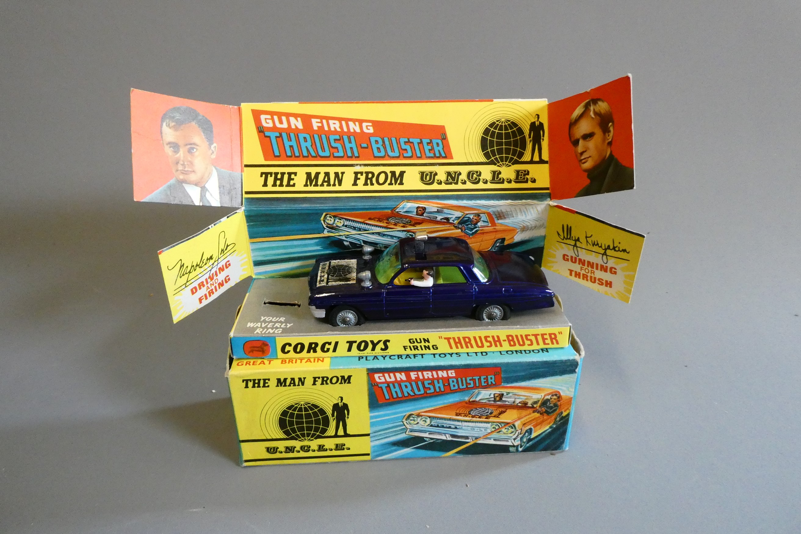Corgi 497 Man from UNCLE car, box good, Waverly Ring is missing. Model good to excellent (Est. plus Image