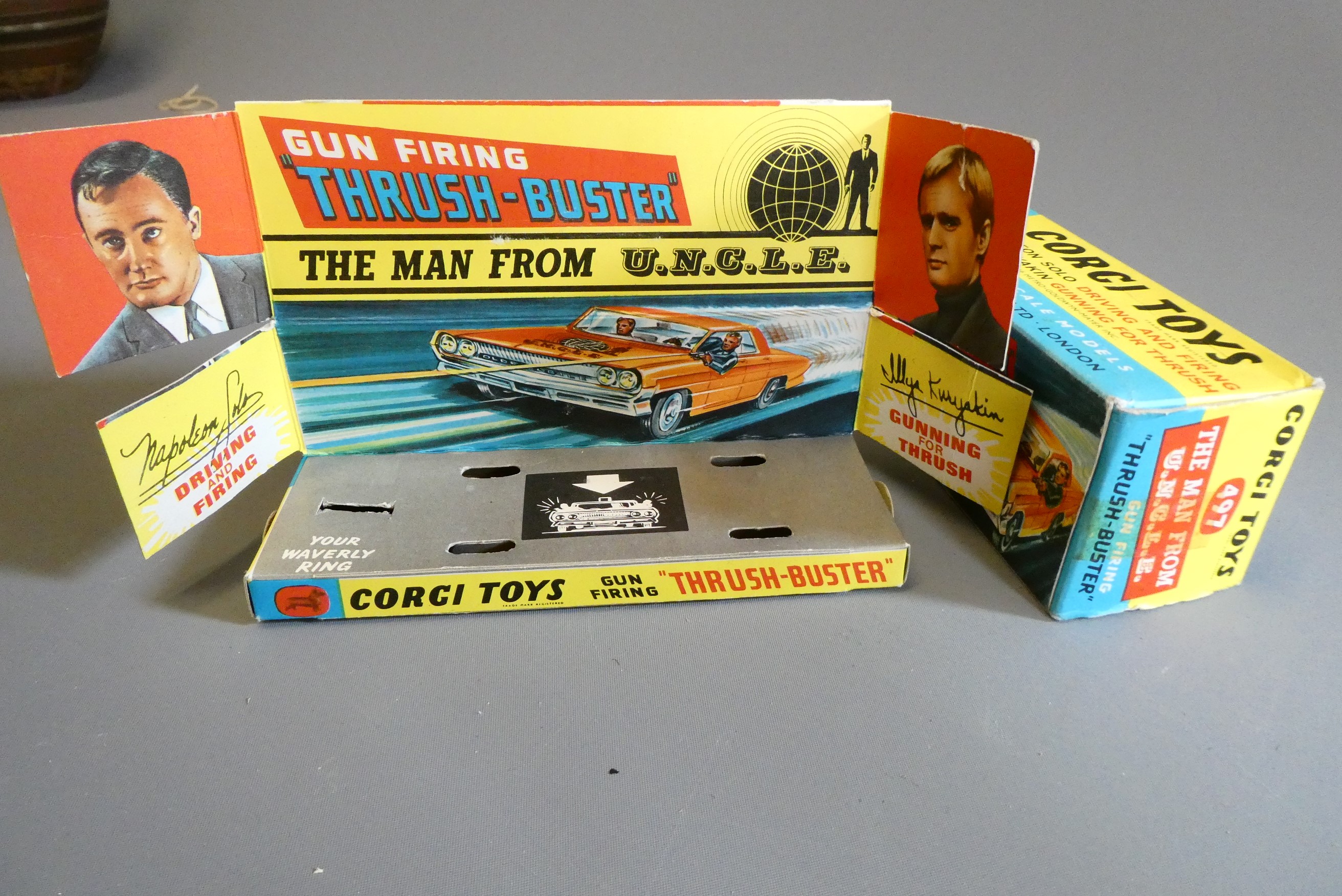 Corgi 497 Man from UNCLE car, box good, Waverly Ring is missing. Model good to excellent (Est. plus Image