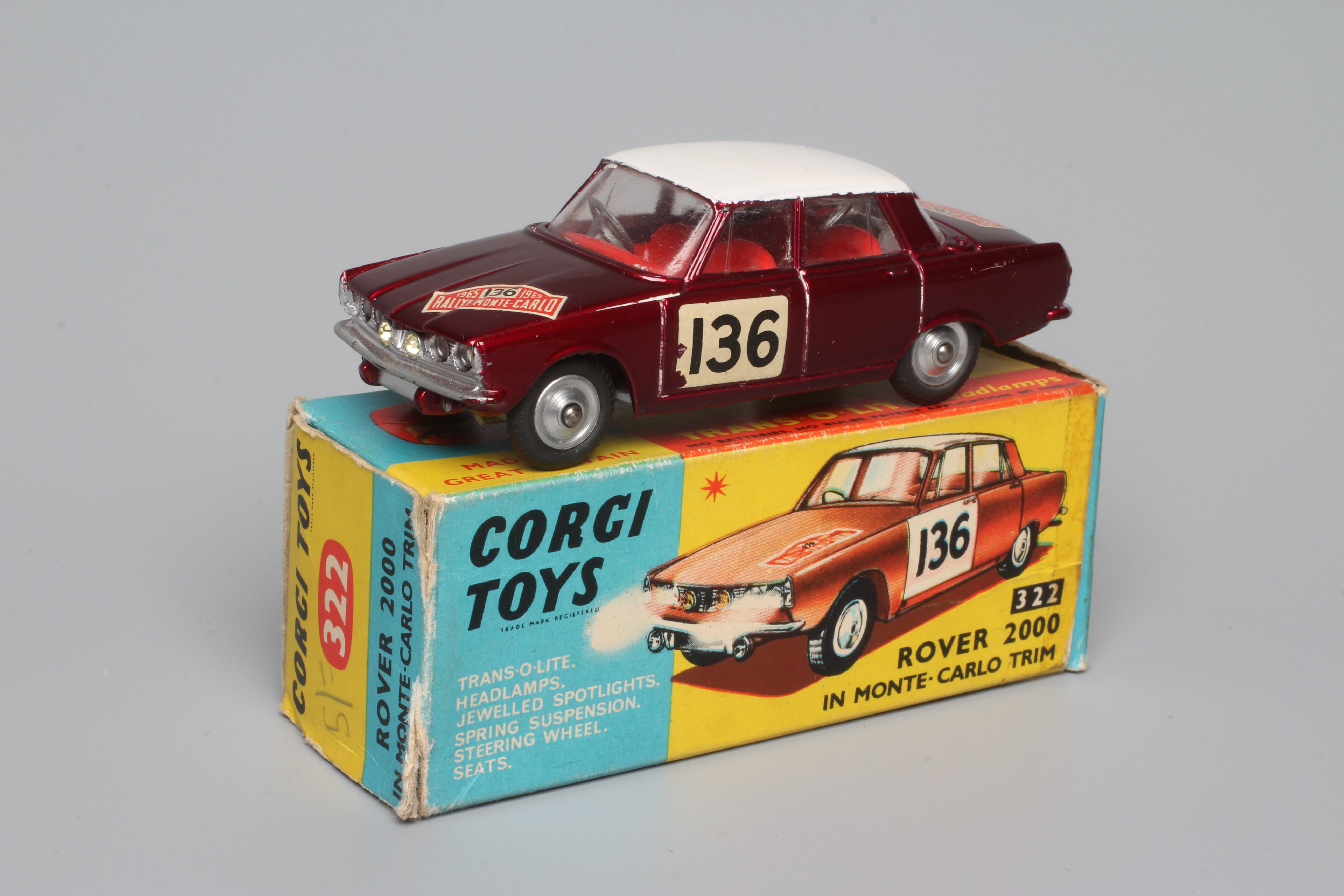 Corgi 322 Rover 2000 Monte Carlo, trim box has some repairs, fair, model good to excellent. Some Image