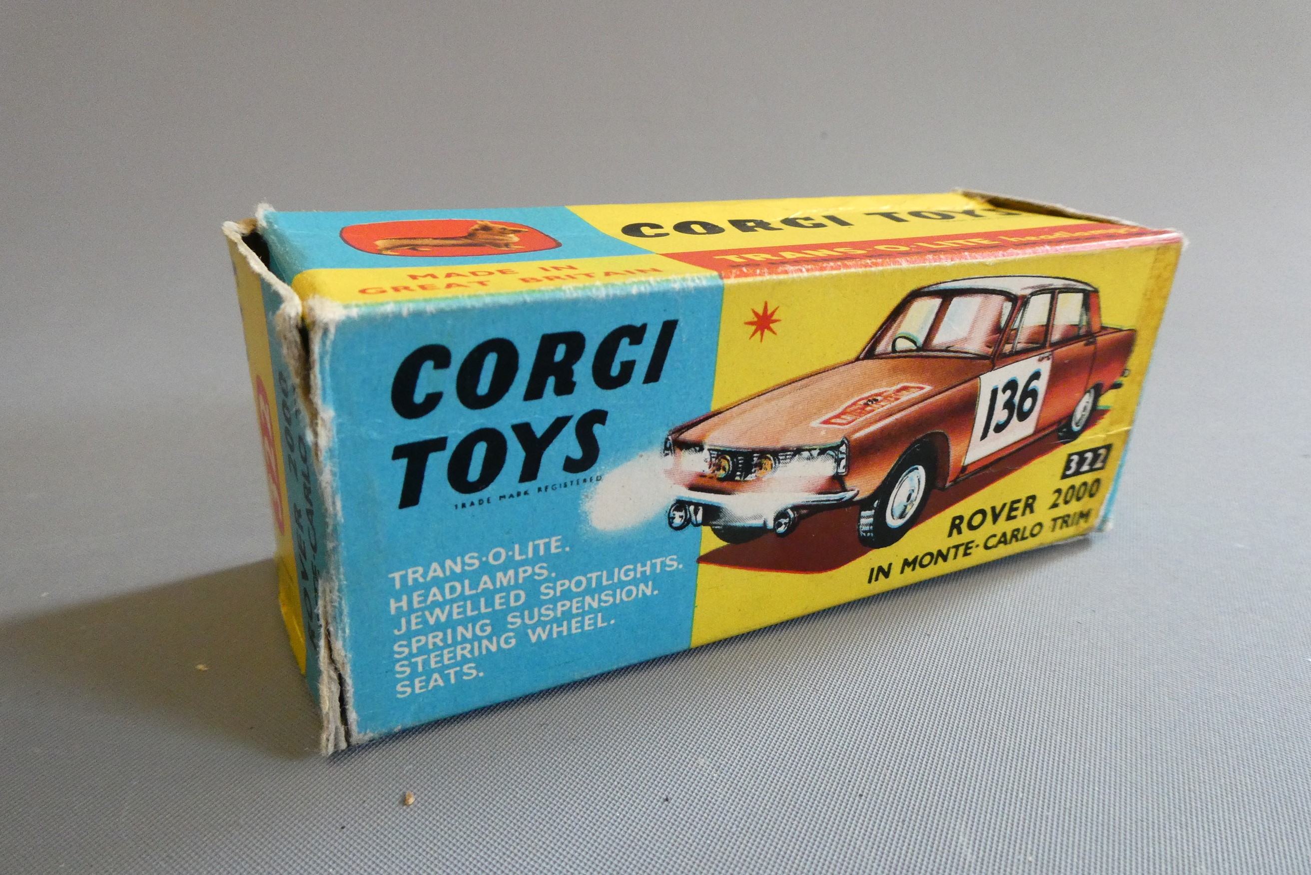 Corgi 322 Rover 2000 Monte Carlo, trim box has some repairs, fair, model good to excellent. Some Image