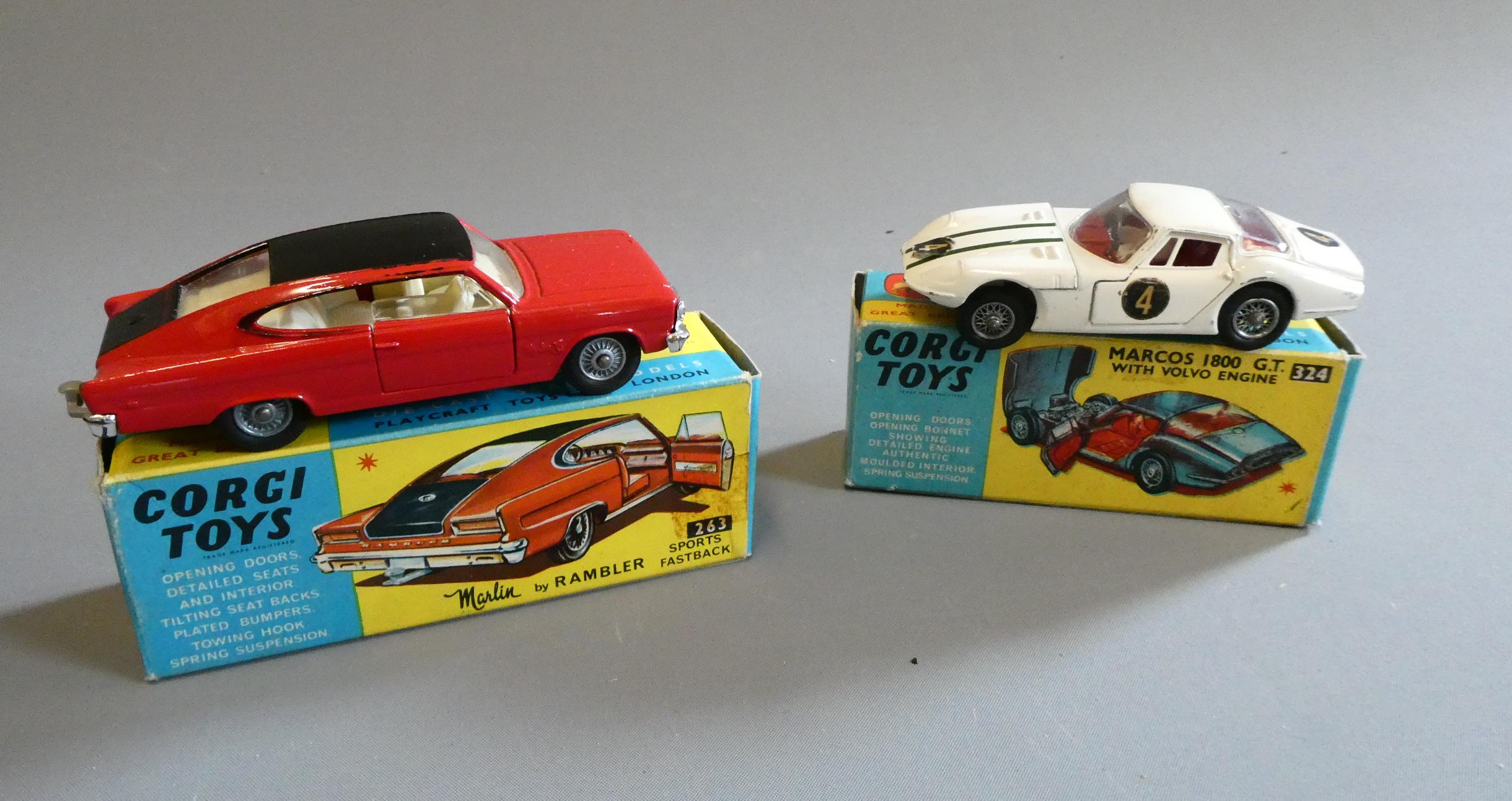 Corgi 263 Marlin Rambler and 324 Marcos 1800 GT, both items boxed, good+ (Est. plus 24% premium inc. Image