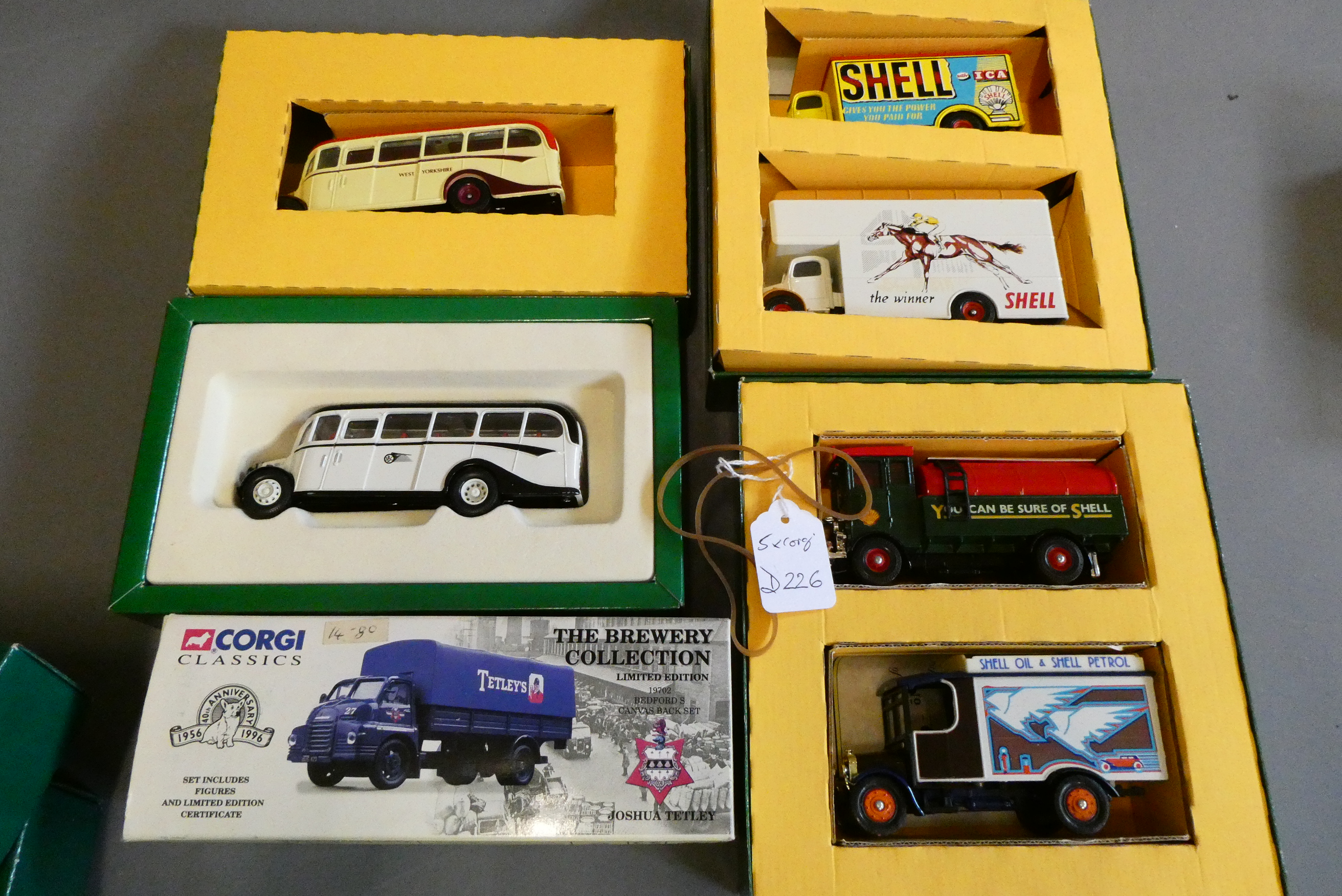 Five Corgi Classics limited edition diecast vehicles including OB coaches and haulage trucks. All Image