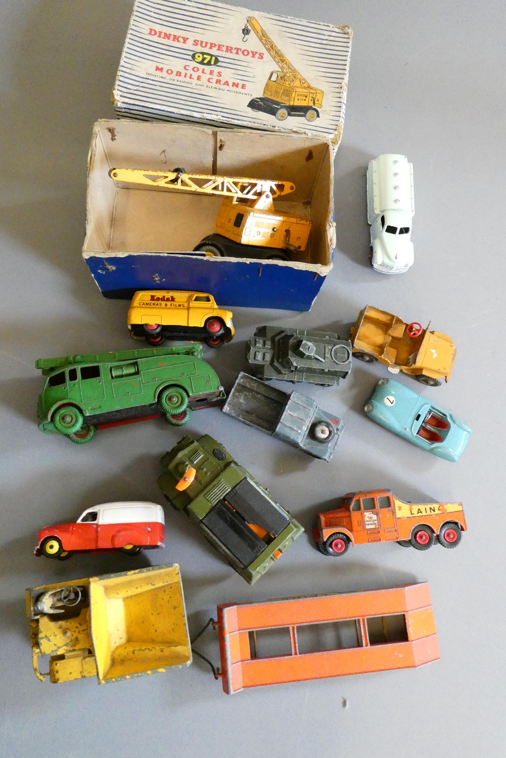 Playworn Dinky vehicles including commercials, army trucks and two Coles mobile cranes, some items Image