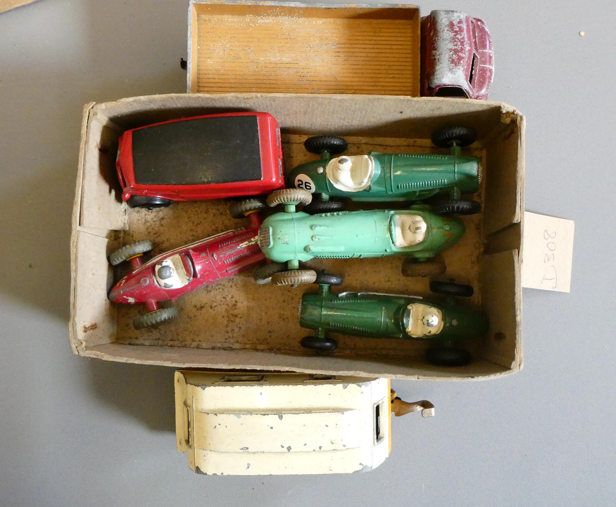 Unboxed Dinky vehicles including four race cars, Post Office van, truck and caravan. Fair to poor Image