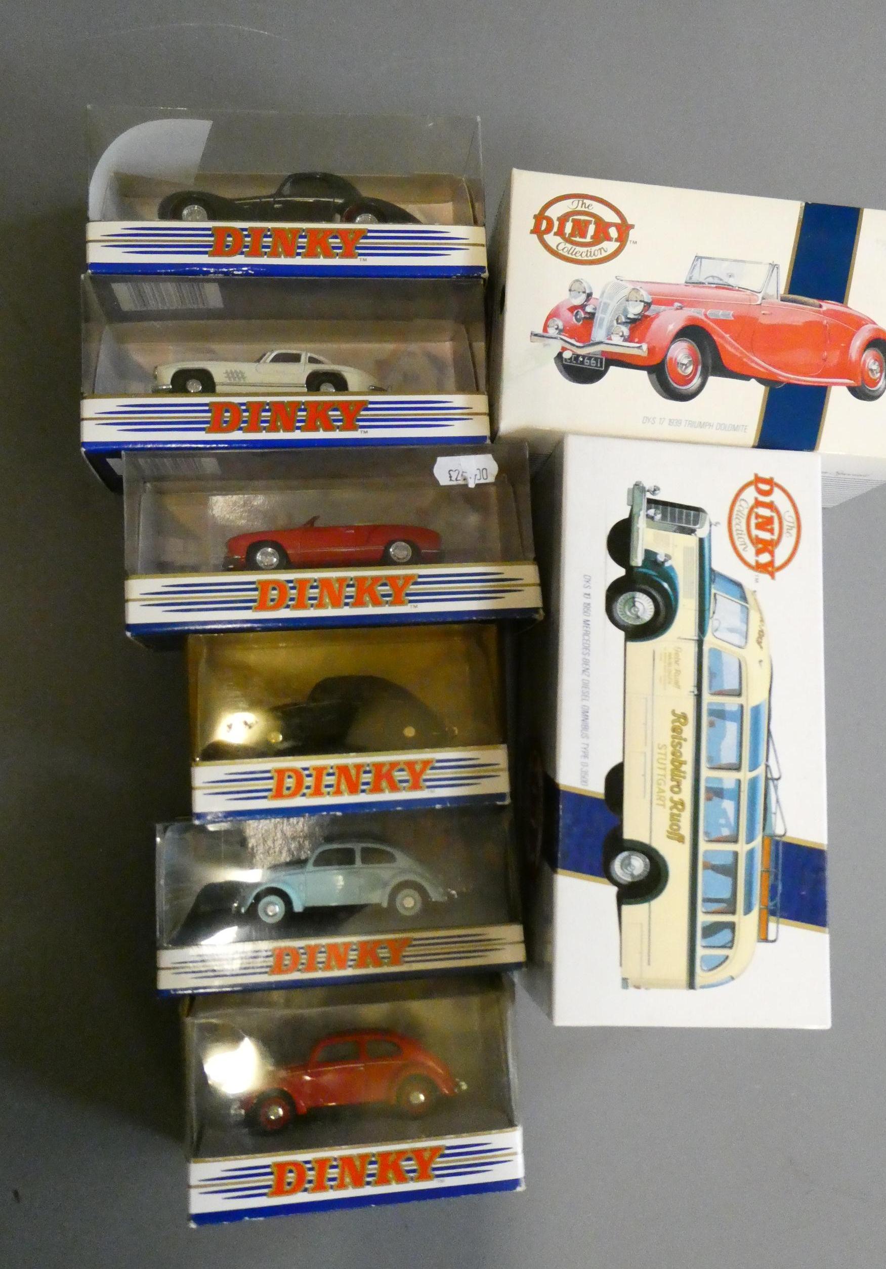 Eight Dinky vehicles including Mercedes Bus, VW Beetle and classic cars, all items boxed, excellent Image
