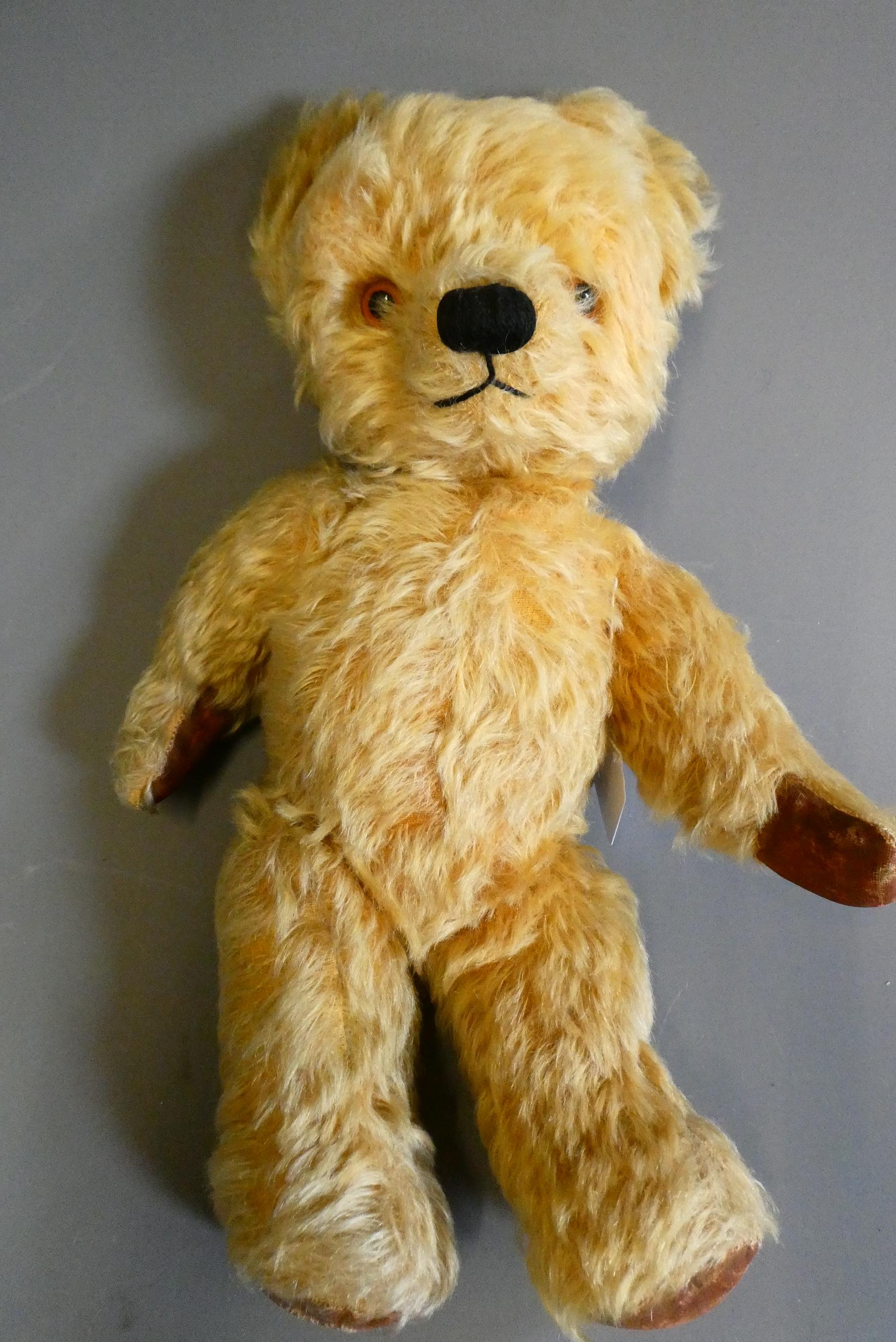 A vintage English teddy bear, with amber glass eyes, sewn nose, orange plush and fabric pads, 15" Image
