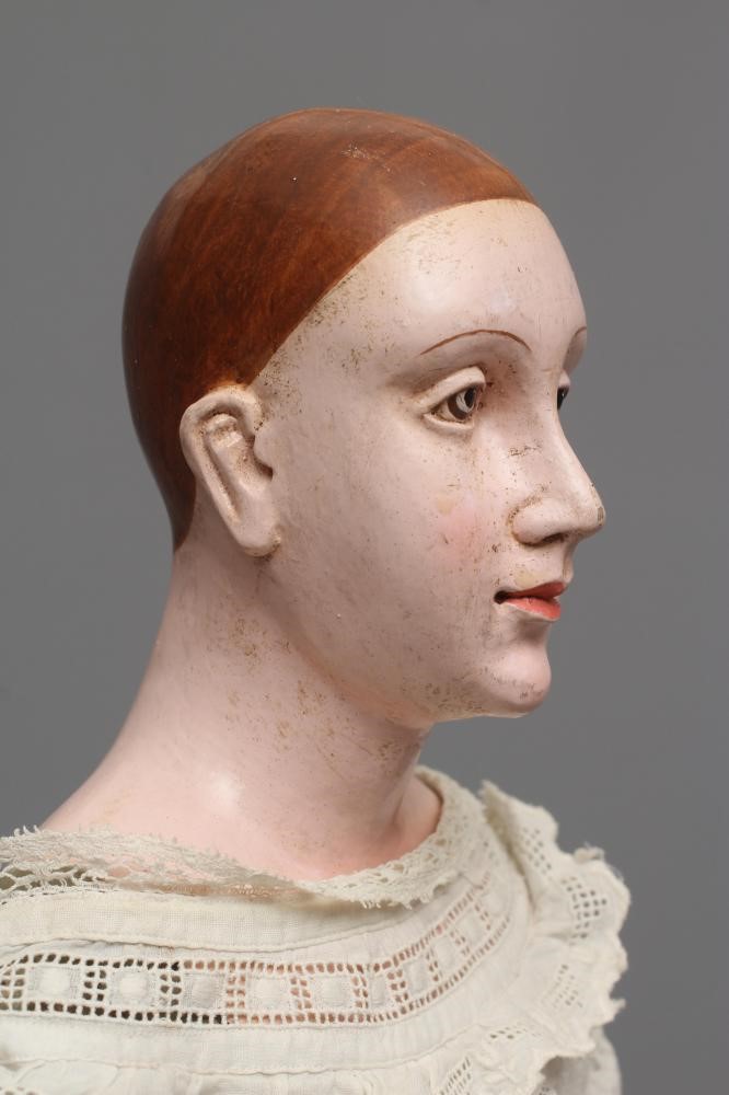 An antique standing Santos doll of jointed wood and plaster carved construction, polychrome painted, Image