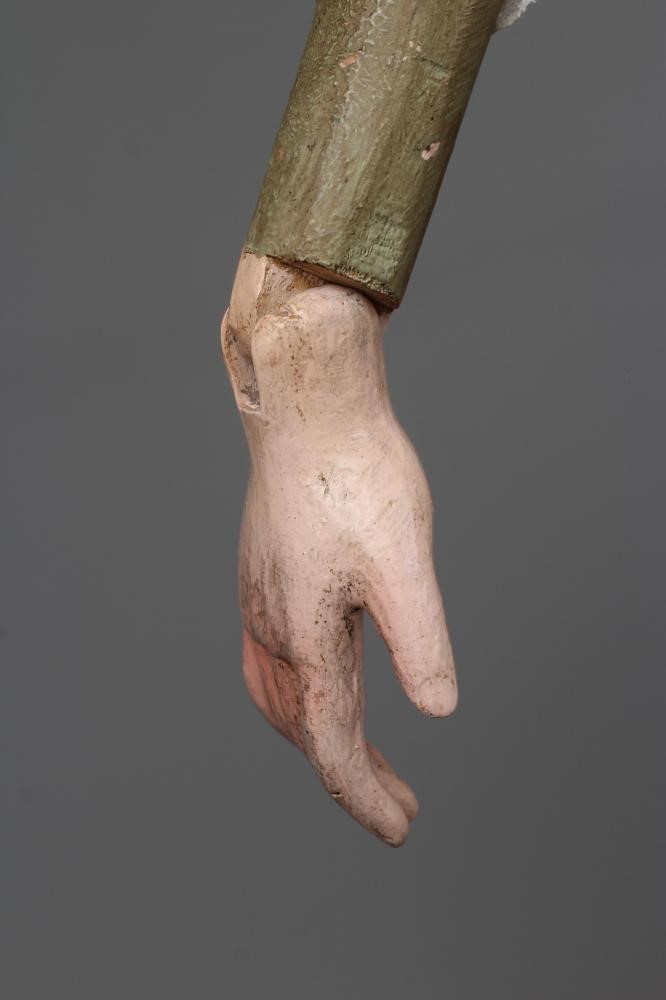 An antique standing Santos doll of jointed wood and plaster carved construction, polychrome painted, Image