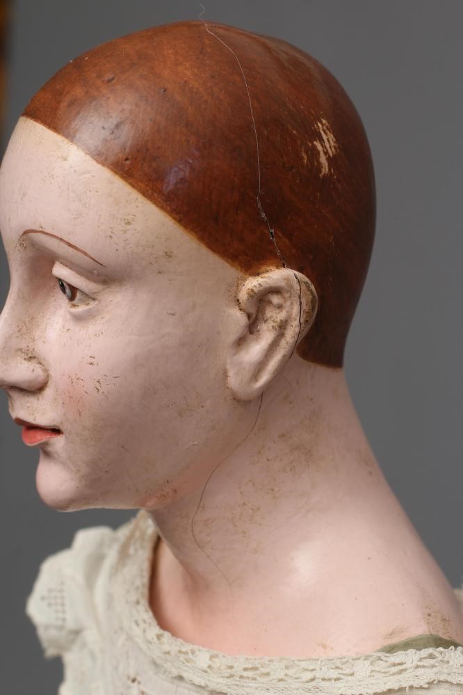 An antique standing Santos doll of jointed wood and plaster carved construction, polychrome painted, Image