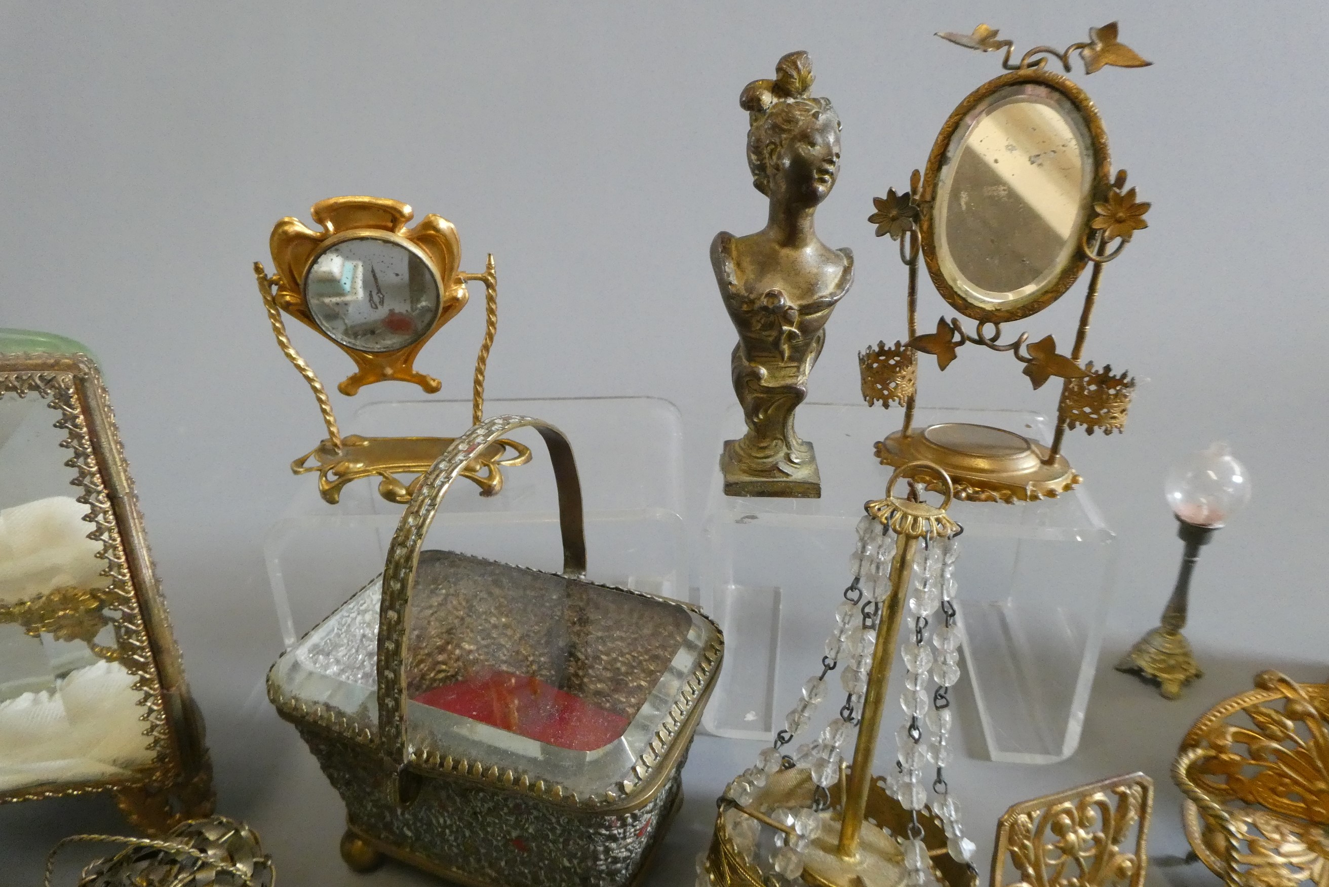 A collection of antique gilt metal doll's house furniture and accessories, together with other wood, Image