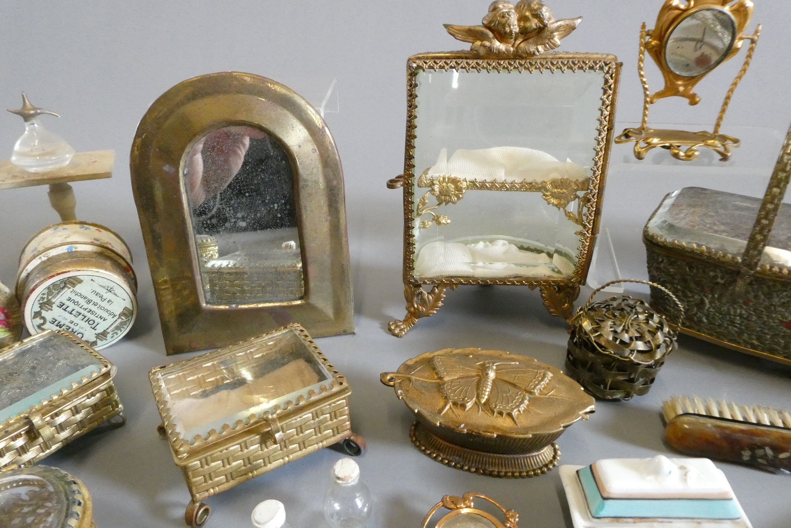 A collection of antique gilt metal doll's house furniture and accessories, together with other wood, Image
