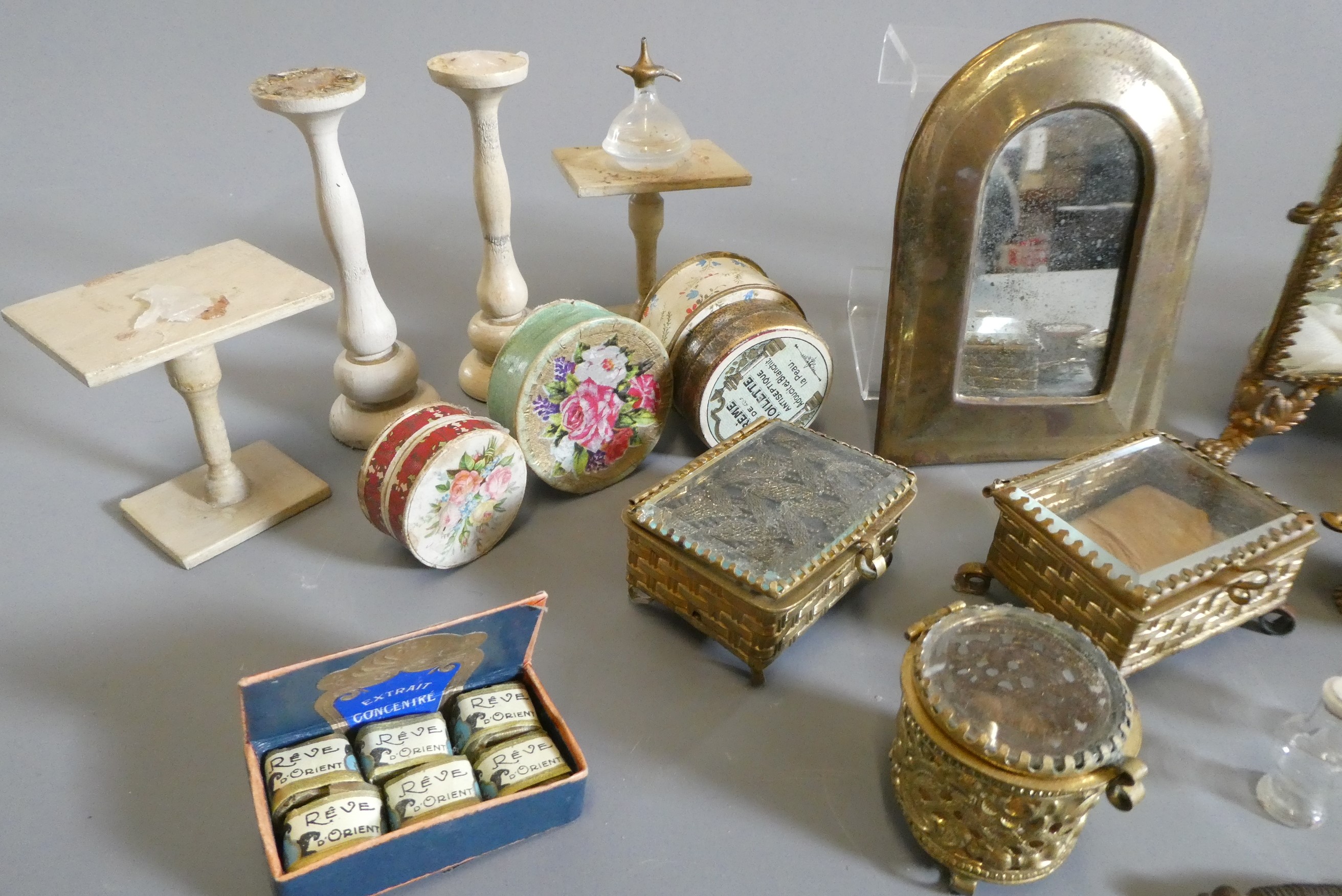 A collection of antique gilt metal doll's house furniture and accessories, together with other wood, Image