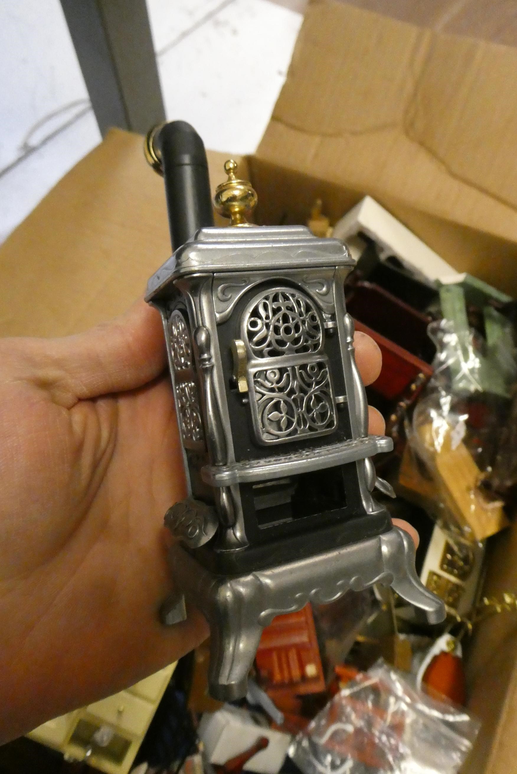 A large box of doll's house furniture and accessories, comprising modern and vintage examples with Image