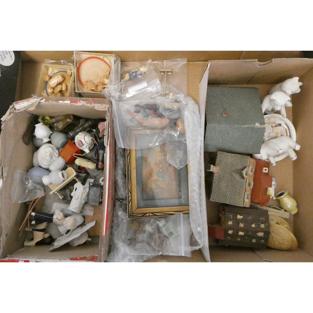 A box of doll's house accessories & furniture, including wood ceramic ...