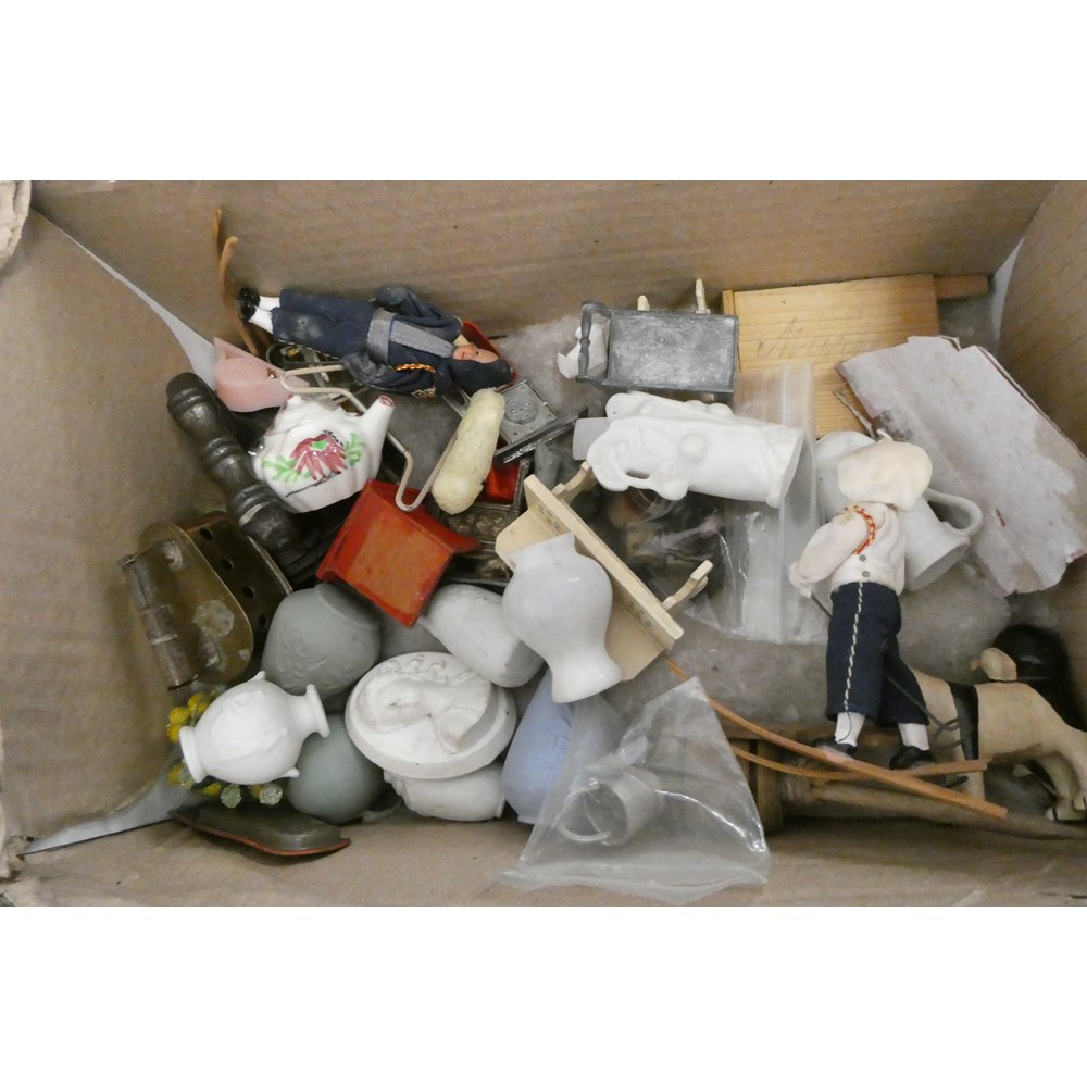 A box of doll's house accessories & furniture, including wood ceramic ...